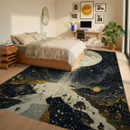 Cosmic Golden Moon Stars Rug - Bedroom View