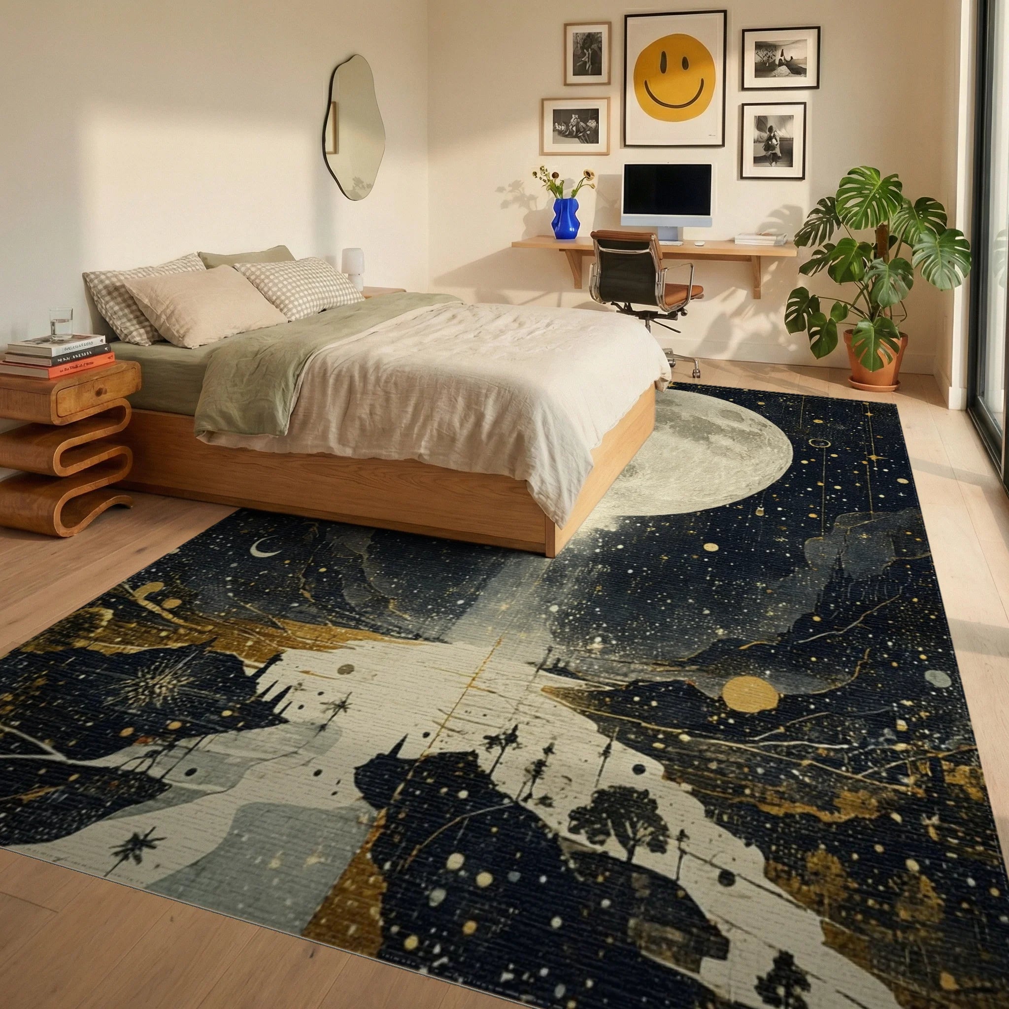 Cosmic Golden Moon Stars Rug - Bedroom View