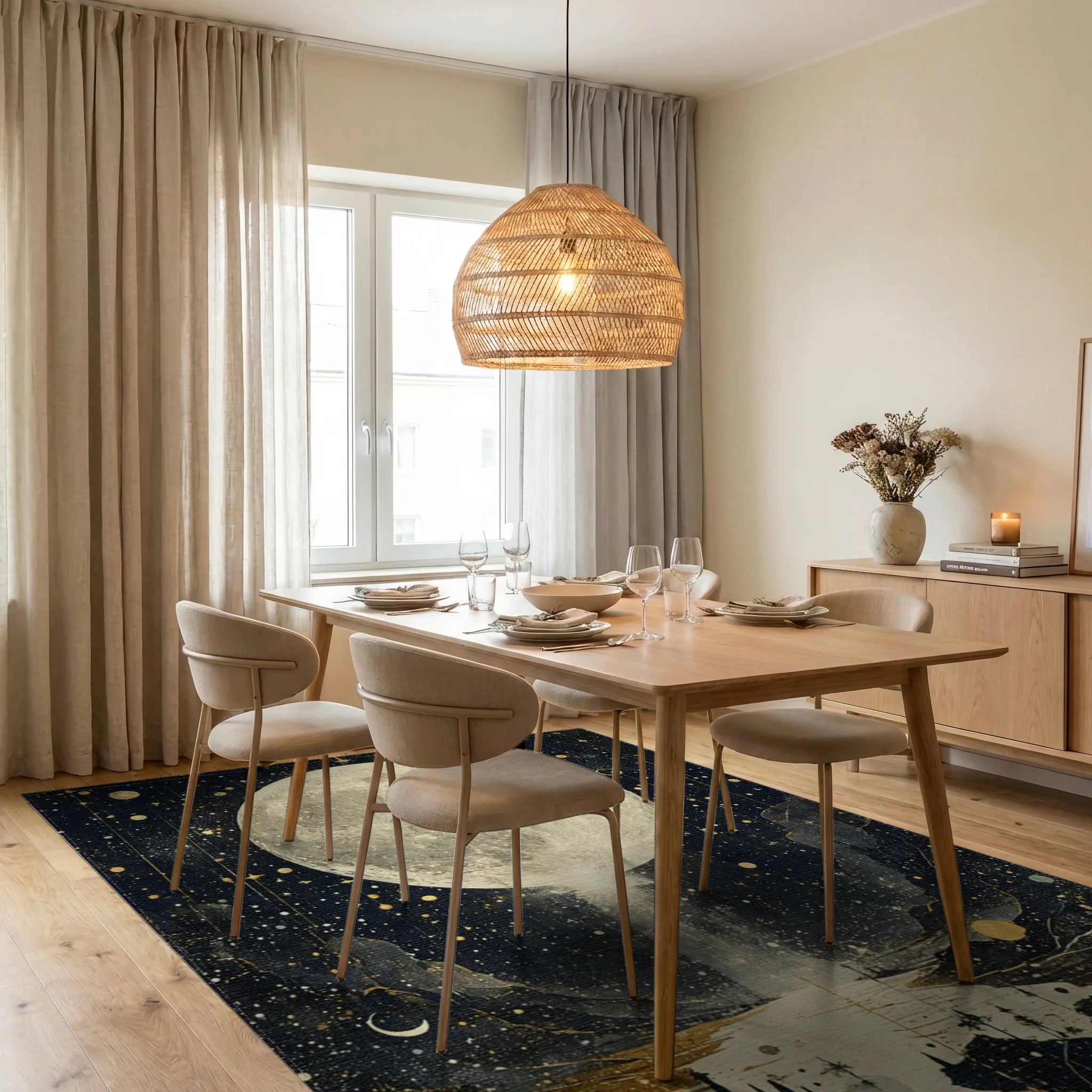 Cosmic Golden Moon Stars Rug - Dining Room View
