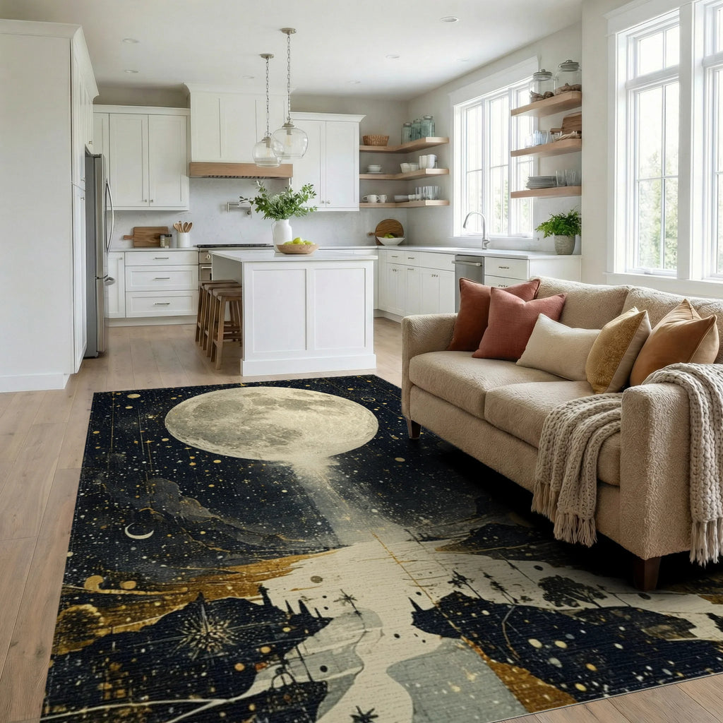 Cosmic Golden Moon Stars Rug - Living Room View