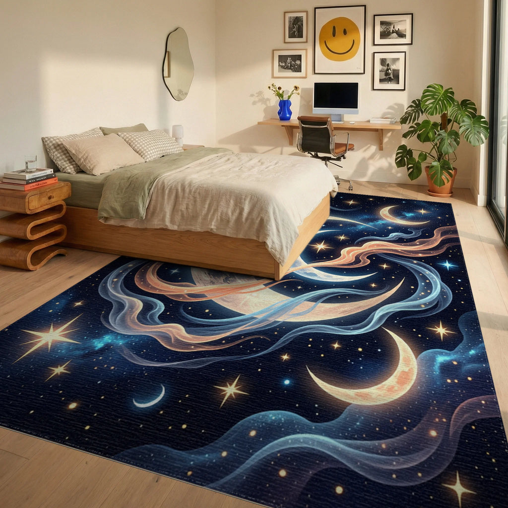 Cosmic Moon Glow Swirls Rug Bedroom View