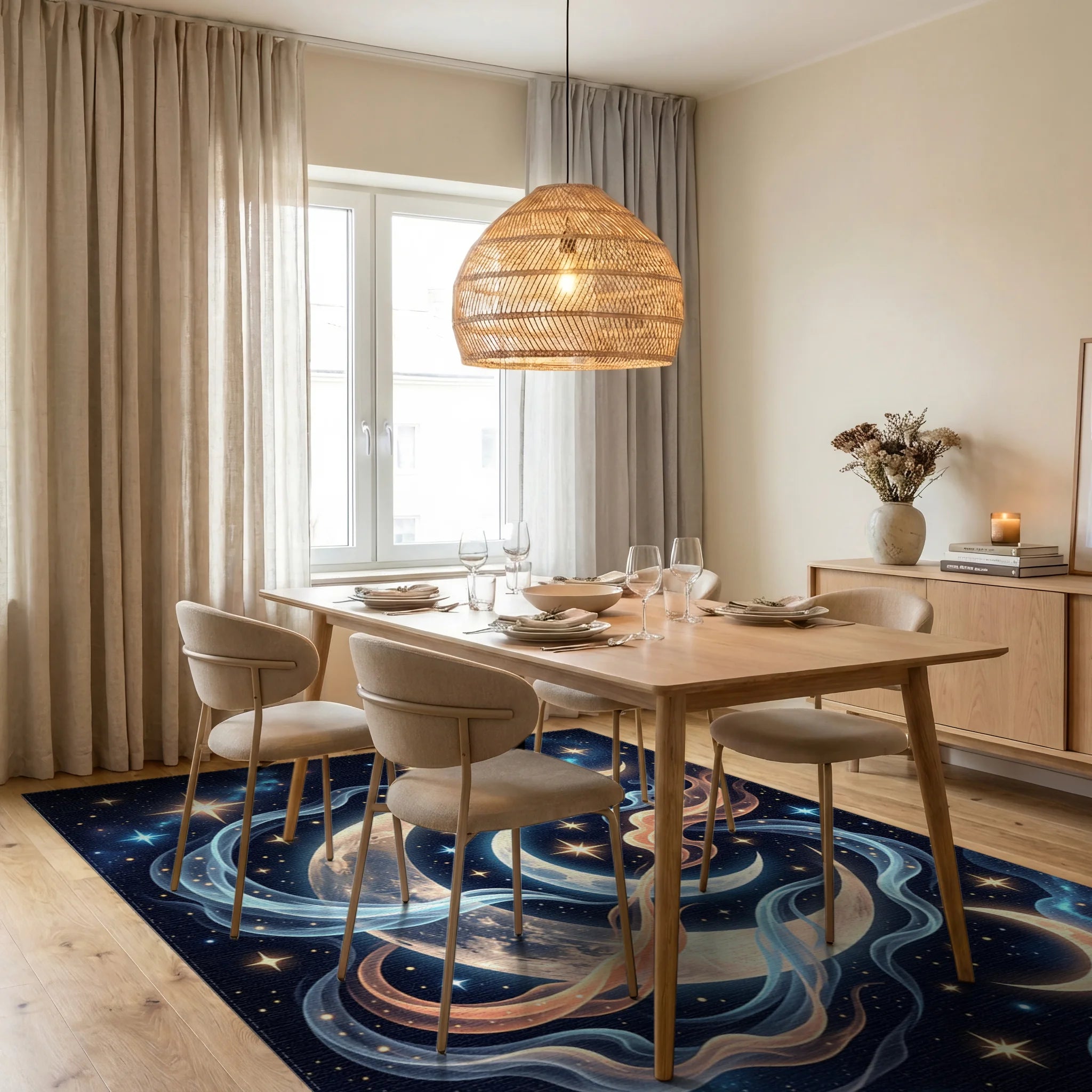 Cosmic Moon Glow Swirls Rug Dining Room View