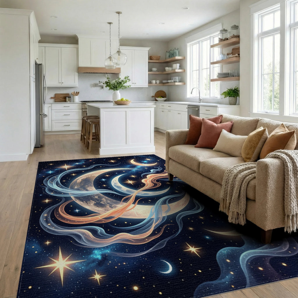Cosmic Moon Glow Swirls Rug Living Room View