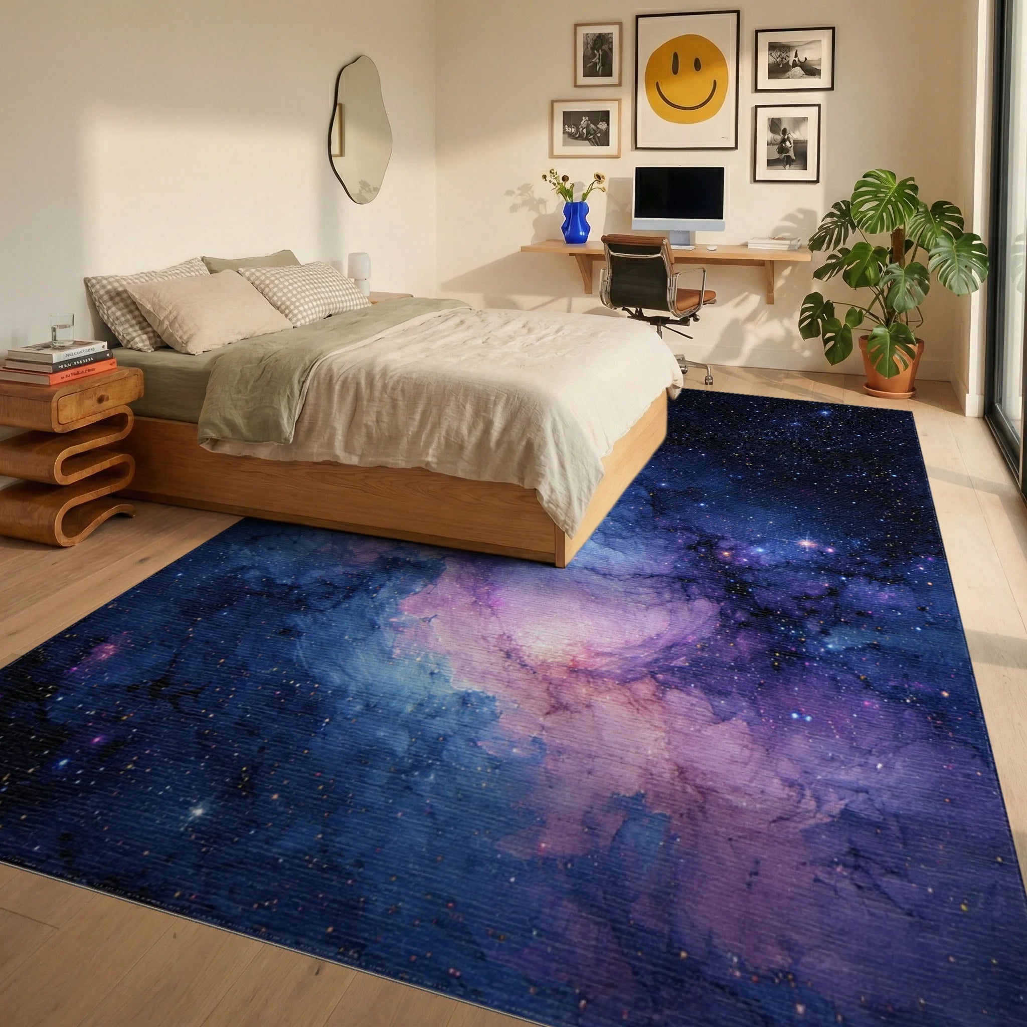 Cosmic Nebula Starry Blues Rug - Bedroom View