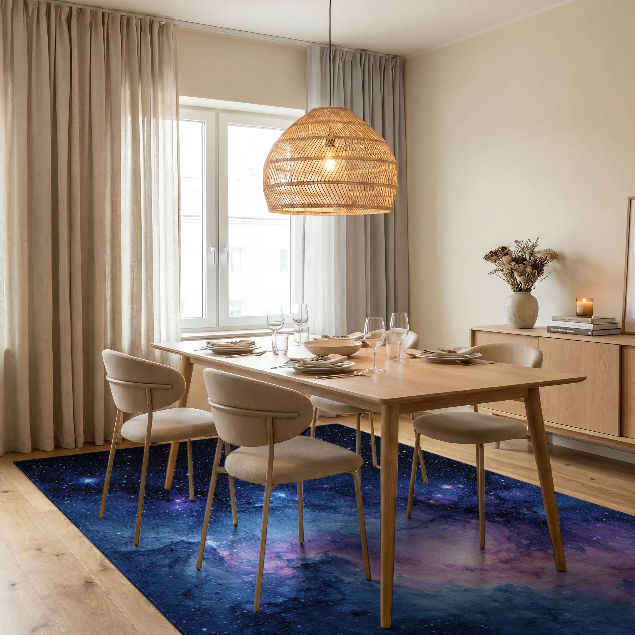 Cosmic Nebula Starry Blues Rug - Dining Room View