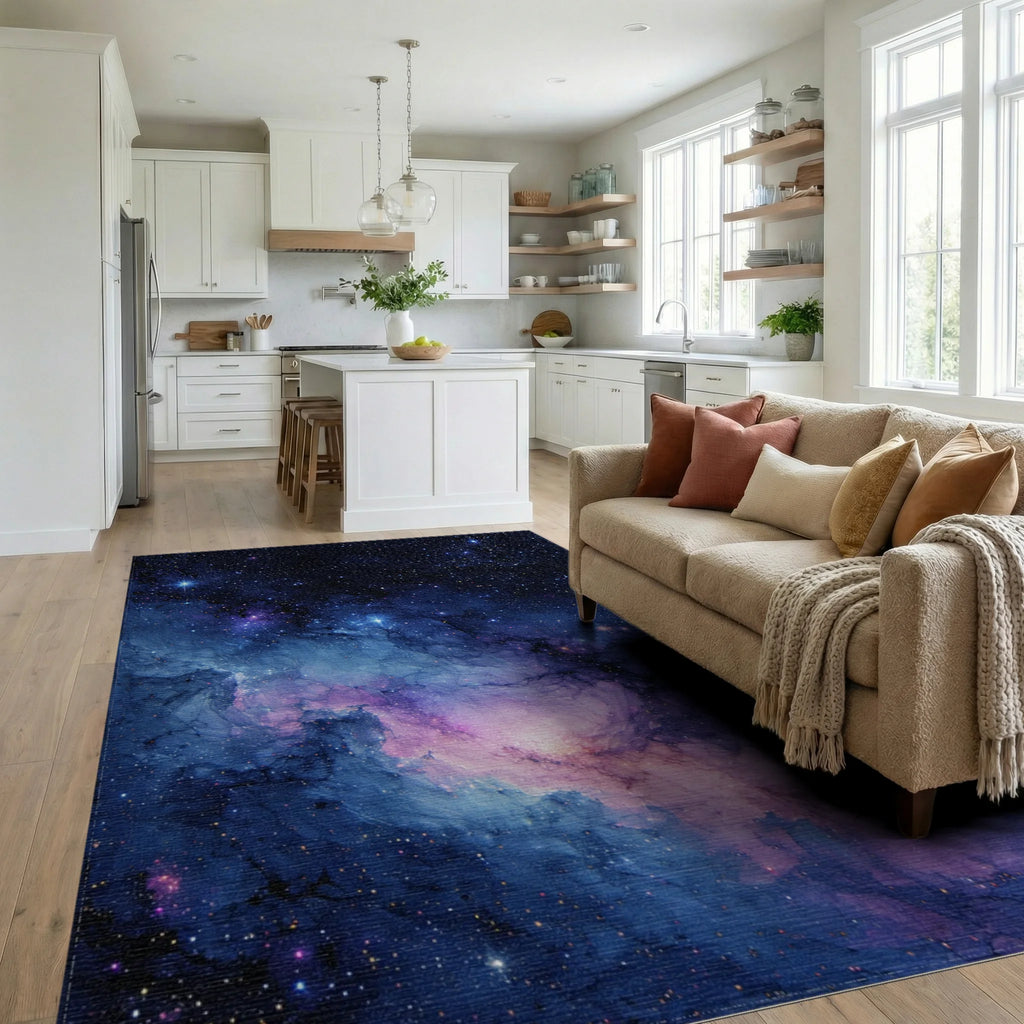Cosmic Nebula Starry Blues Rug - Living Room View