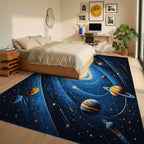 Cosmic Orange Planets Blue Swirls Rug - Bedroom View