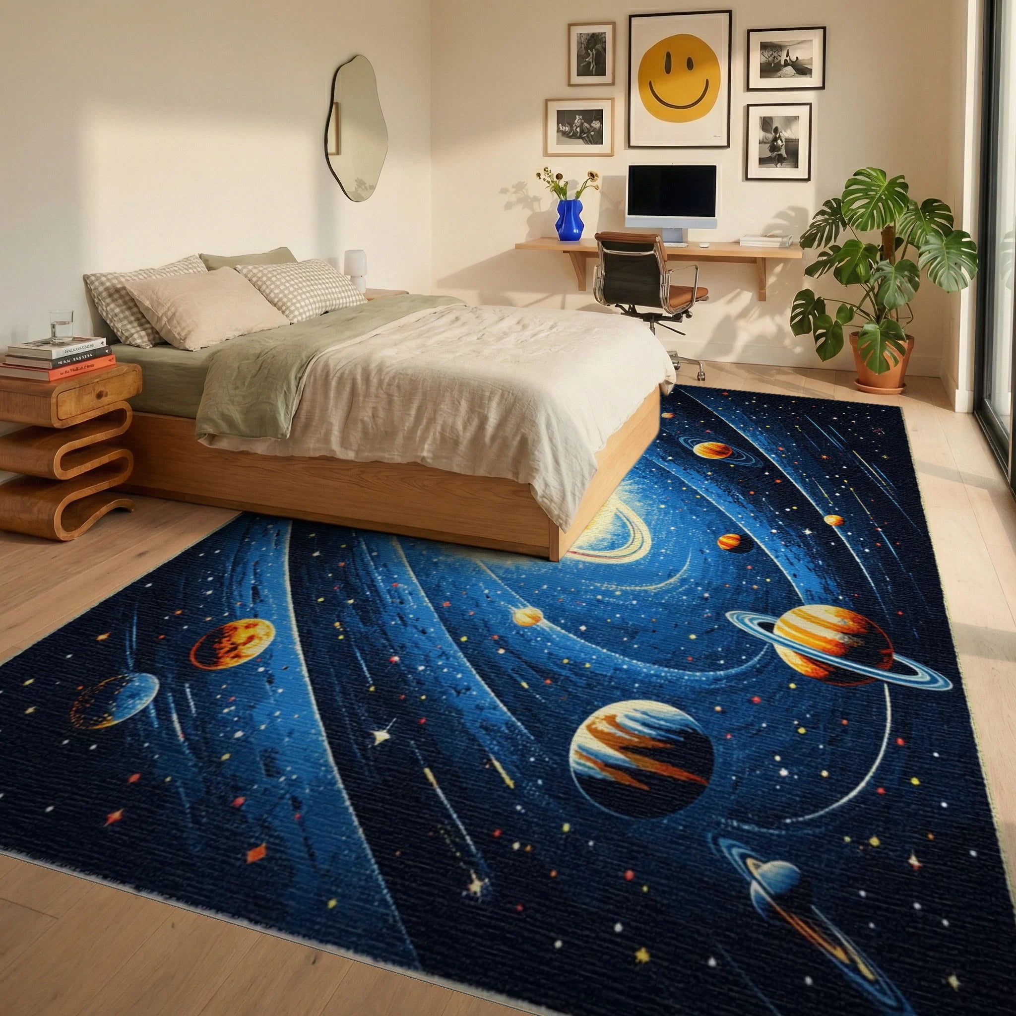 Cosmic Orange Planets Blue Swirls Rug - Bedroom View