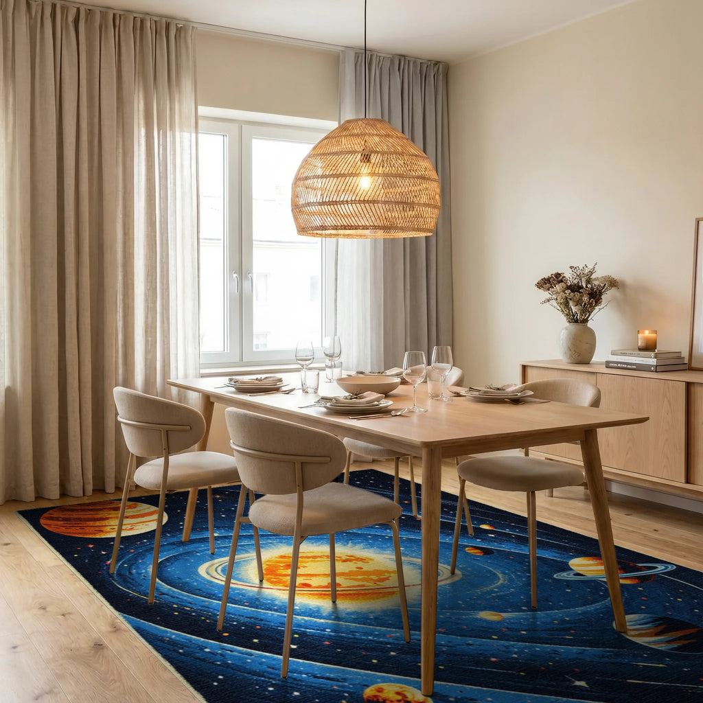 Cosmic Orange Planets Blue Swirls Rug - Dining Room View