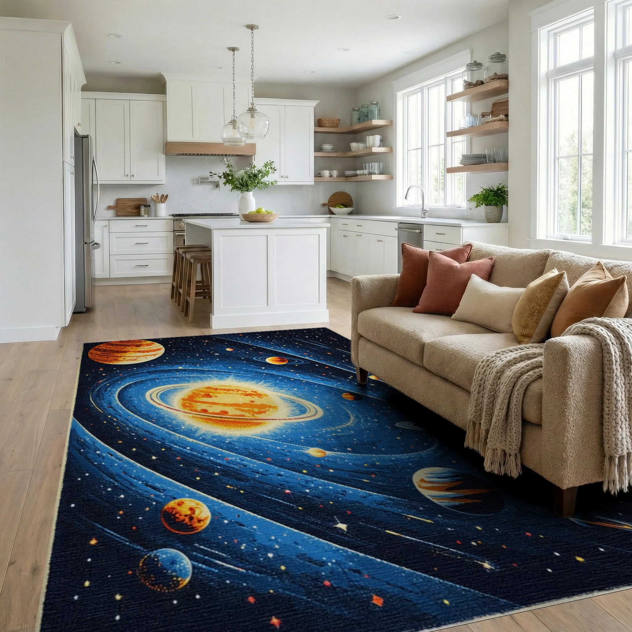 Cosmic Orange Planets Blue Swirls Rug - Living Room View