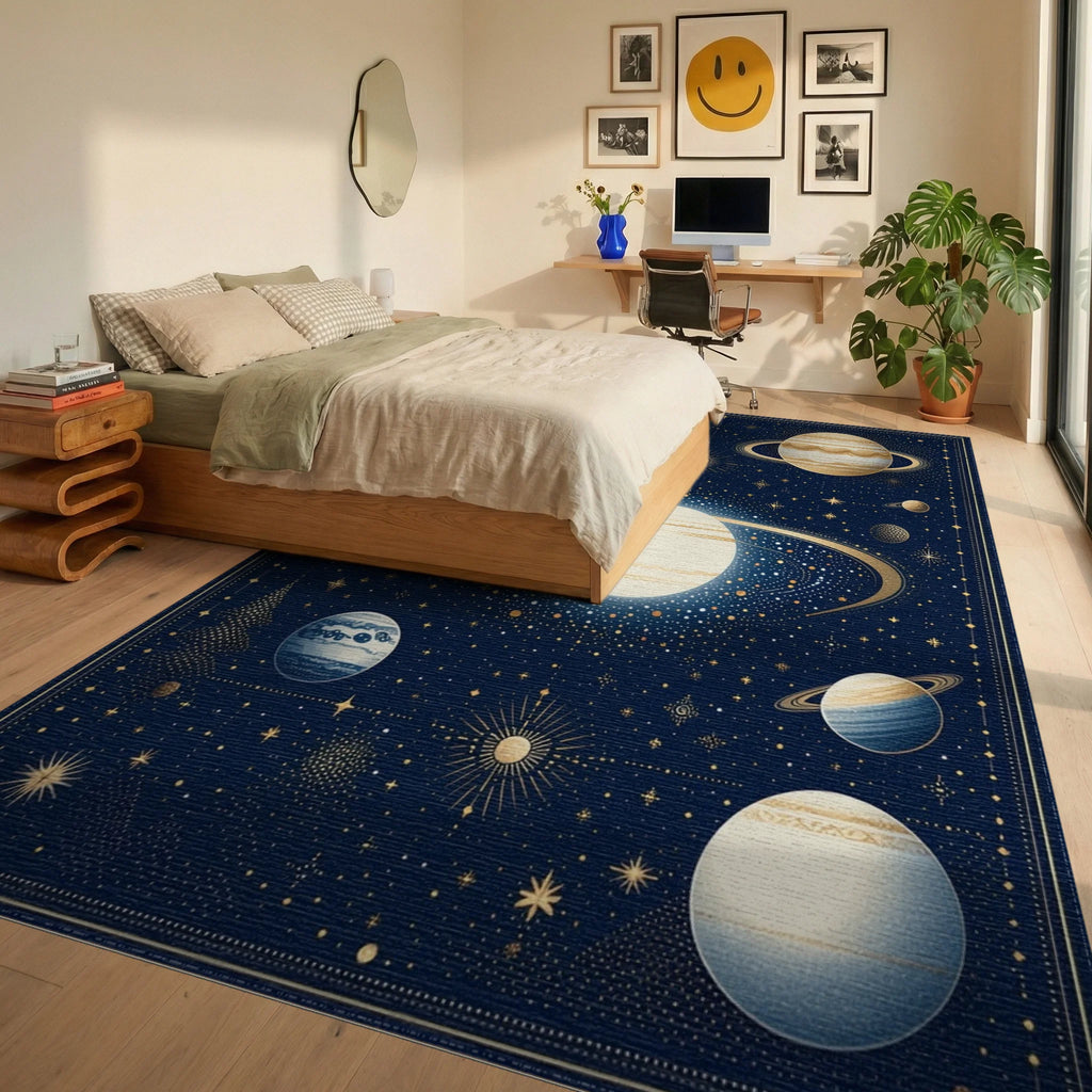 Cosmic Planets Starry Night Rug - Bedroom View