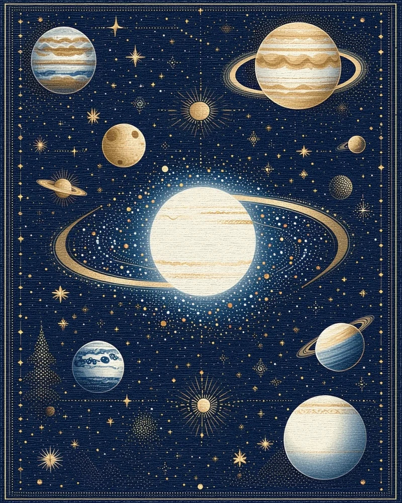 Cosmic Planets Starry Night Rug - Cutout View