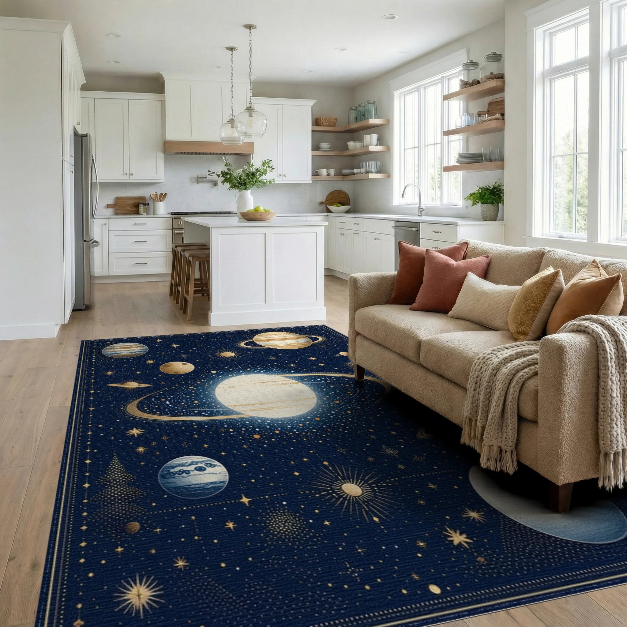 Cosmic Planets Starry Night Rug - Living Room View