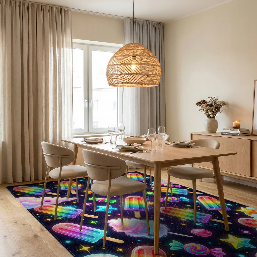 Cosmic Rainbow Popsicle Swirl Rug Dining Room View