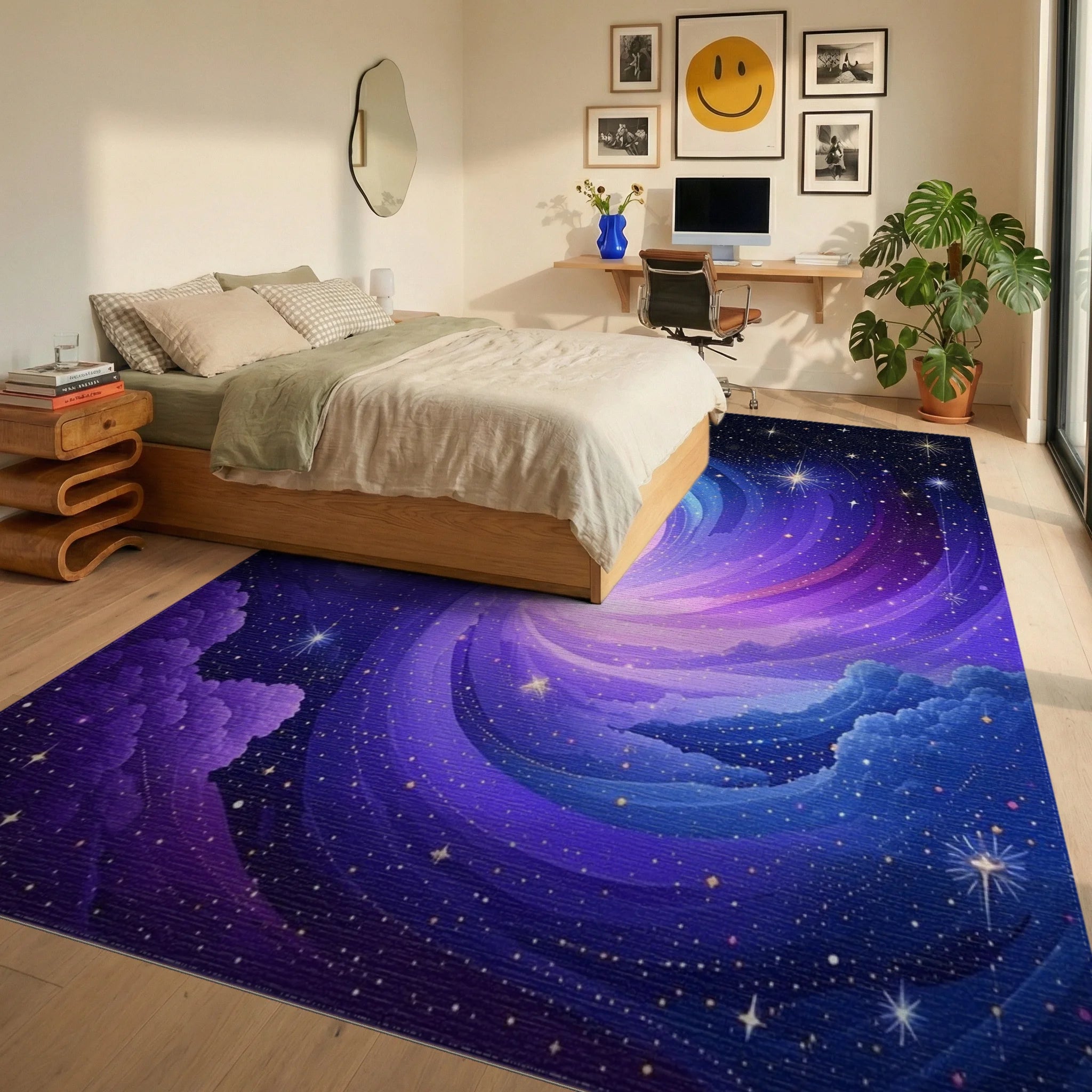 Cosmic Swirl Galaxy Stars Pattern Rug - Bedroom View