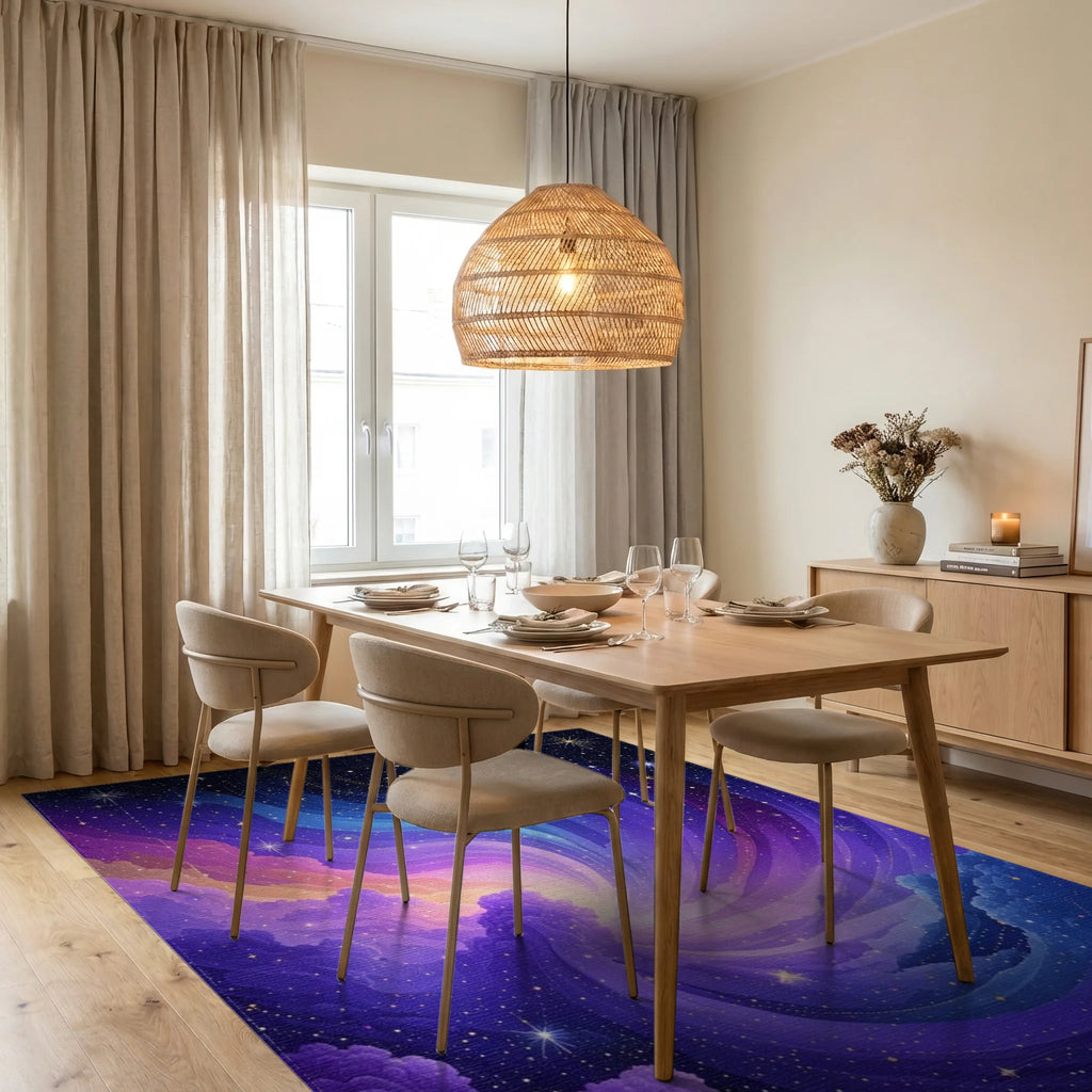 Cosmic Swirl Galaxy Stars Pattern Rug - Dining Room View