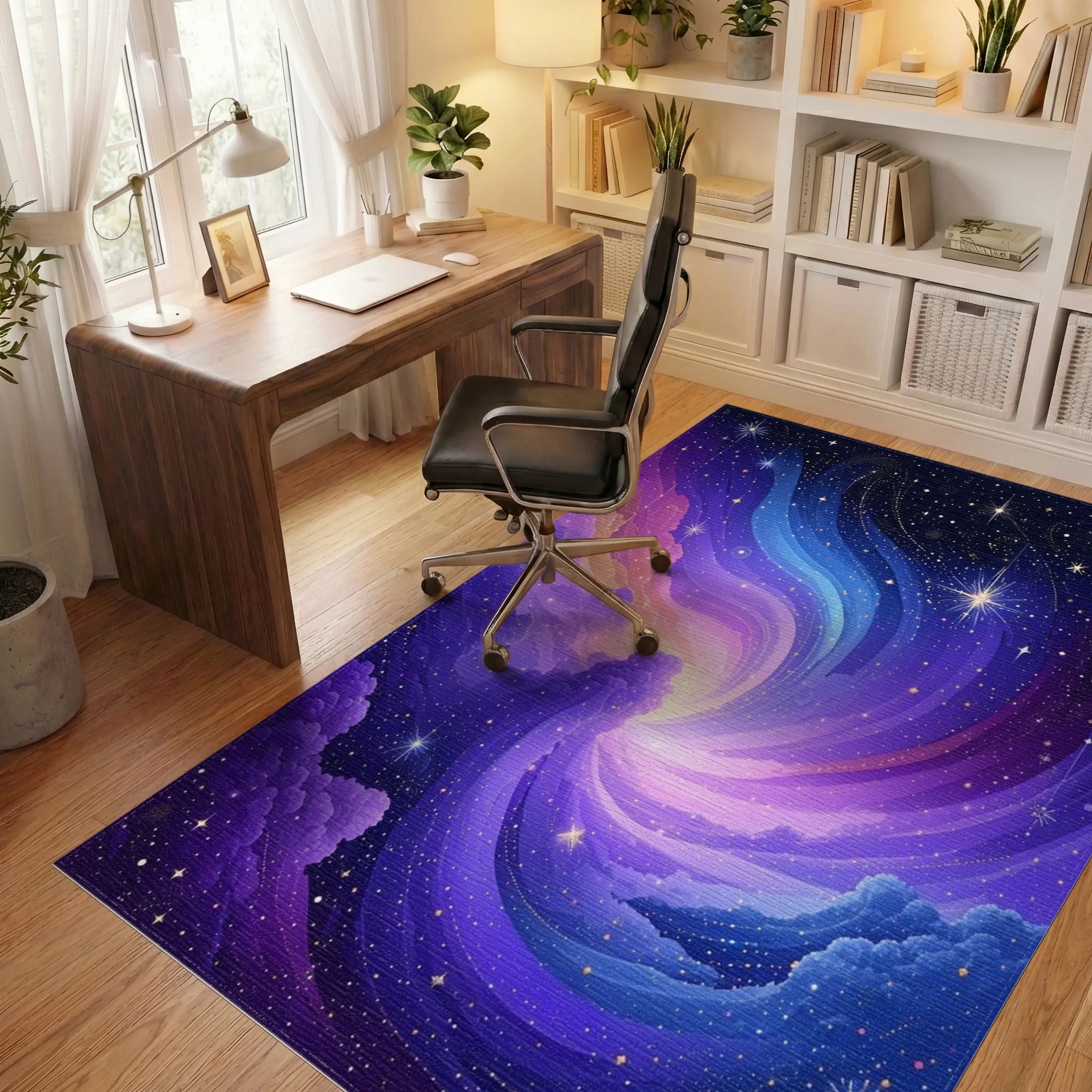 Cosmic Swirl Galaxy Stars Pattern Rug - Office View