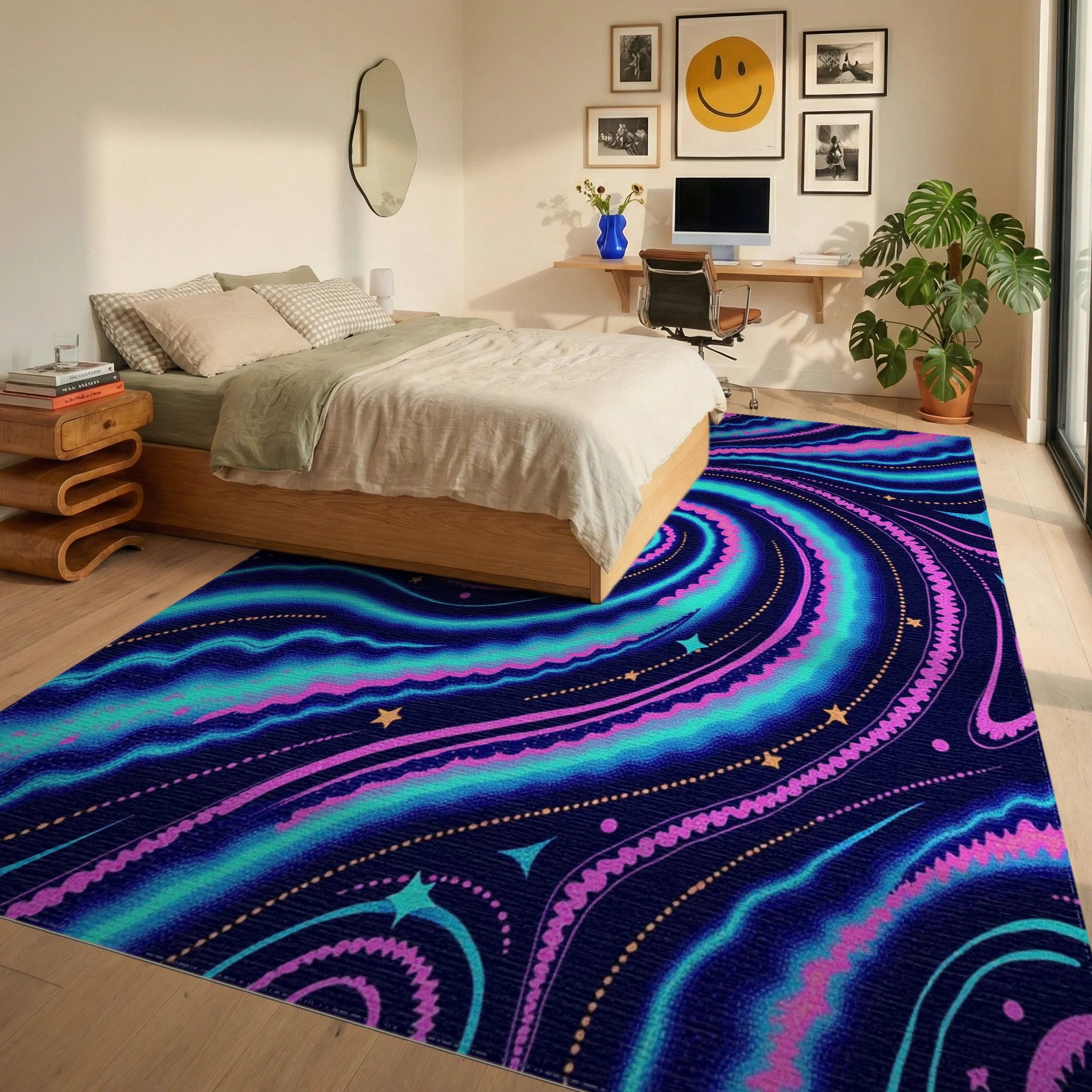 Cosmic Swirl Pattern with Stars Rug Bedroom View
