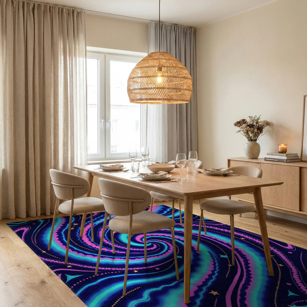 Cosmic Swirl Pattern with Stars Rug Dining Room View