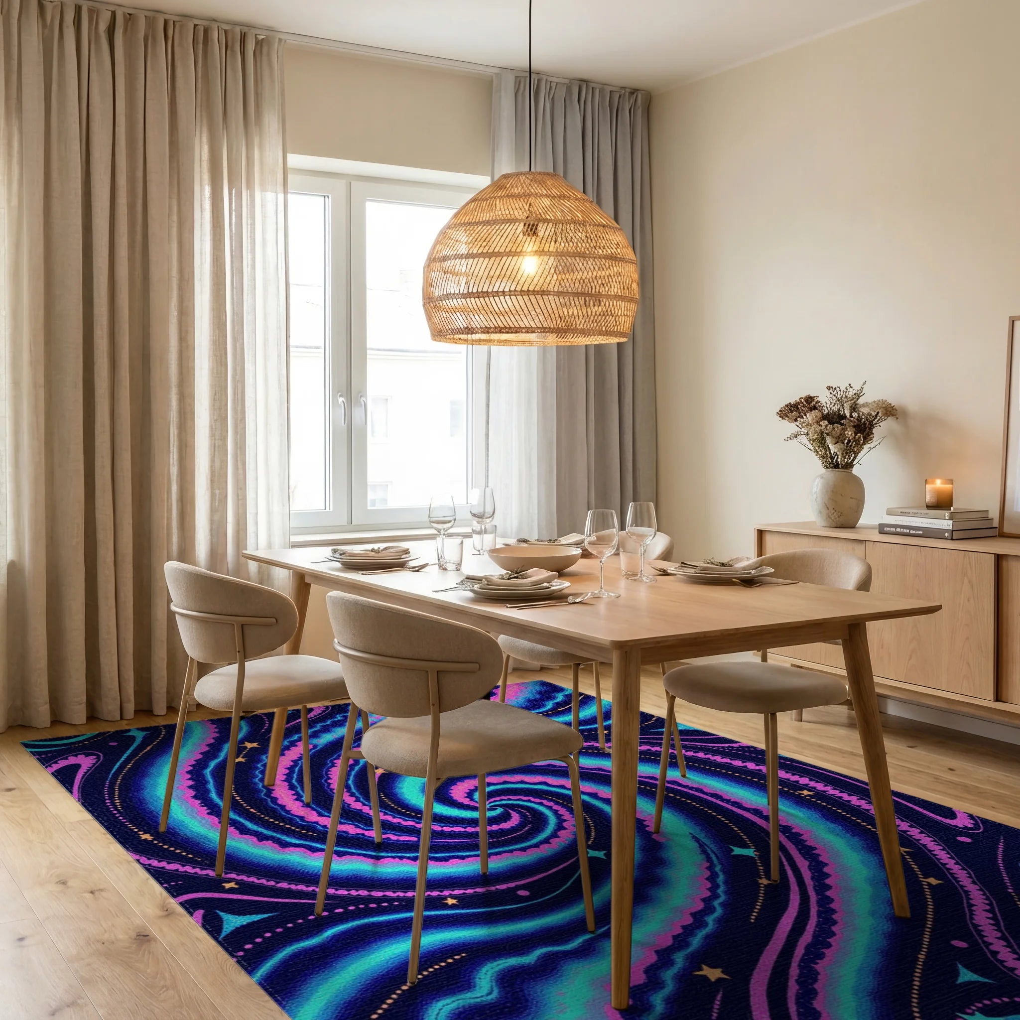 Cosmic Swirl Pattern with Stars Rug Dining Room View
