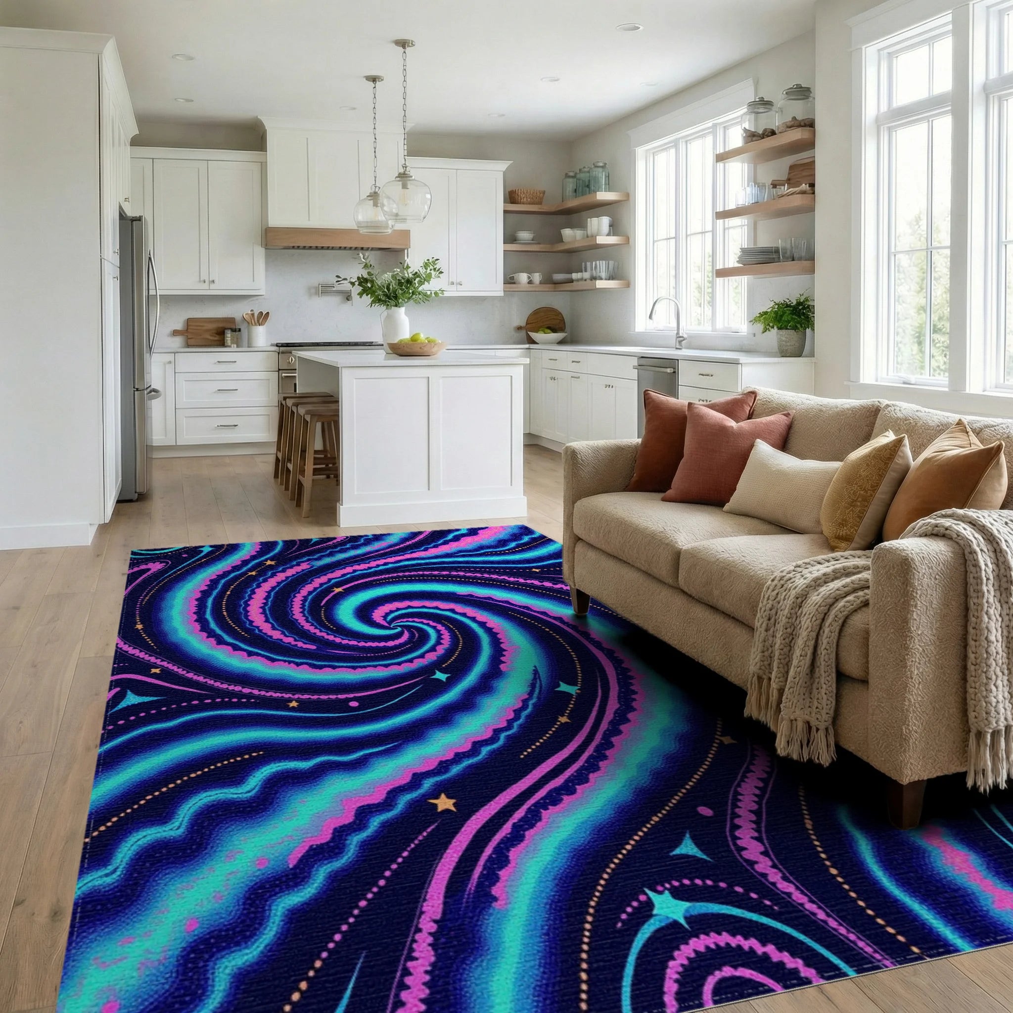 Cosmic Swirl Pattern with Stars Rug Living Room View
