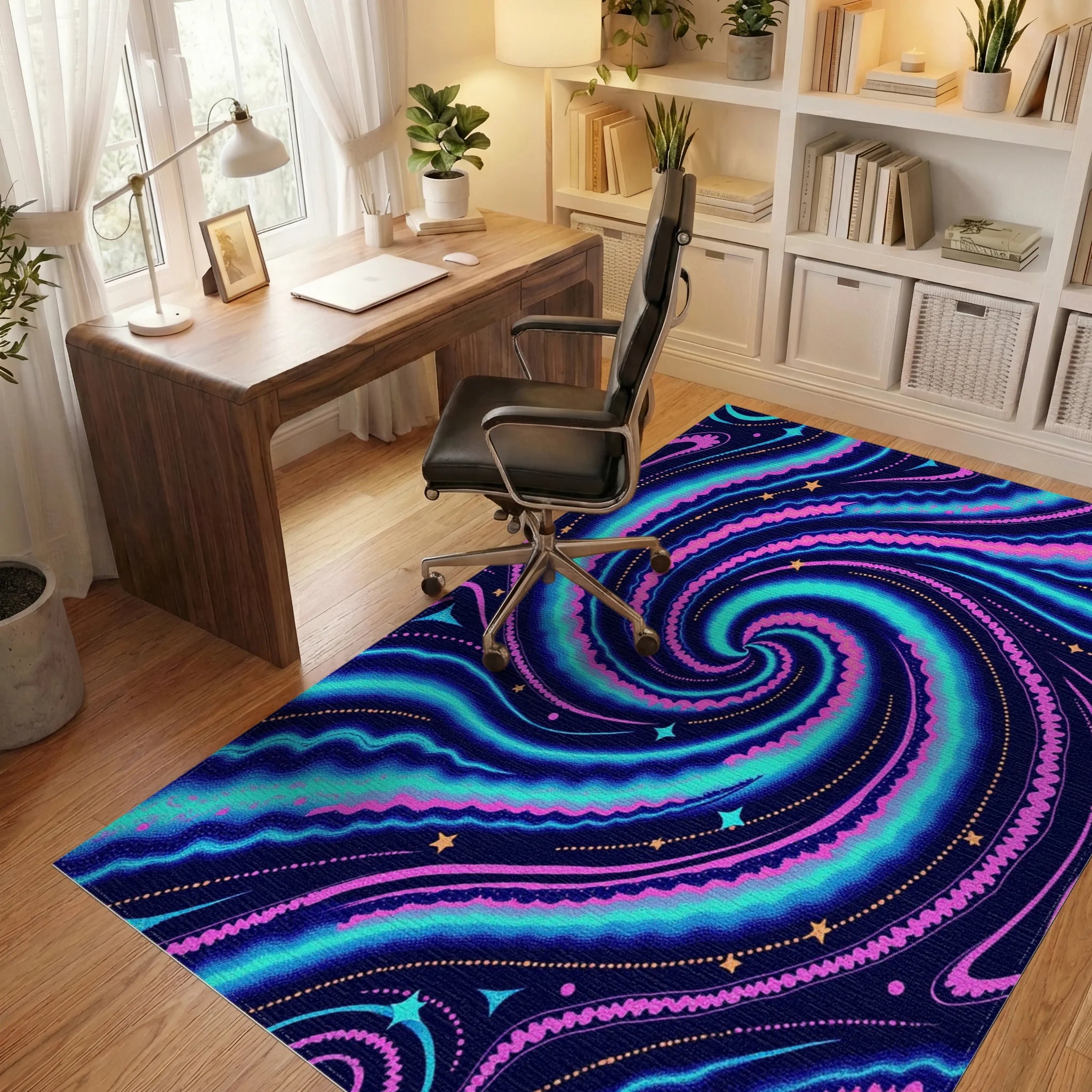 Cosmic Swirl Pattern with Stars Rug Office View
