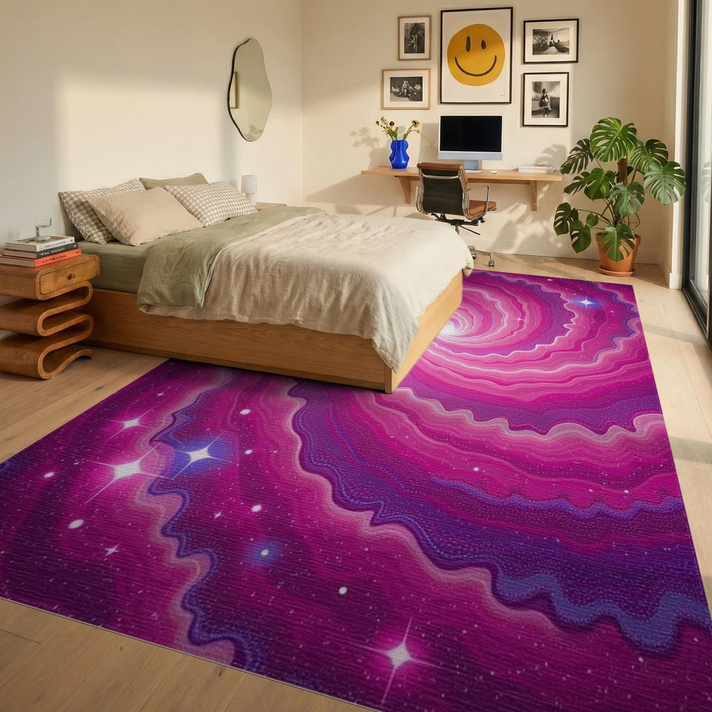 Cosmic Swirl Pink Nebula Rug Bedroom View