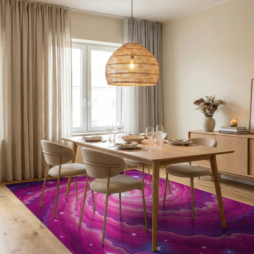 Cosmic Swirl Pink Nebula Rug Dining Room View