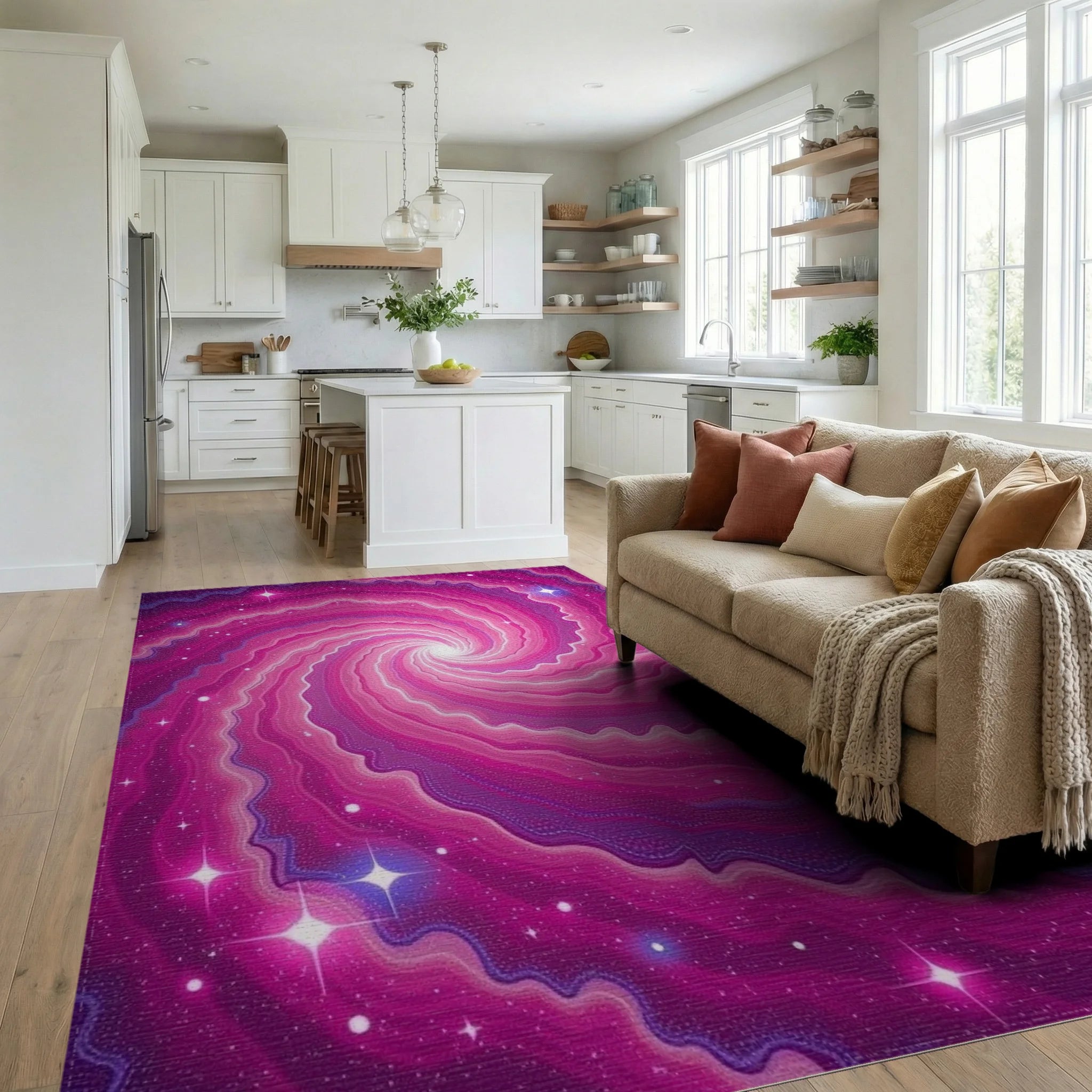 Cosmic Swirl Pink Nebula Rug Living Room View