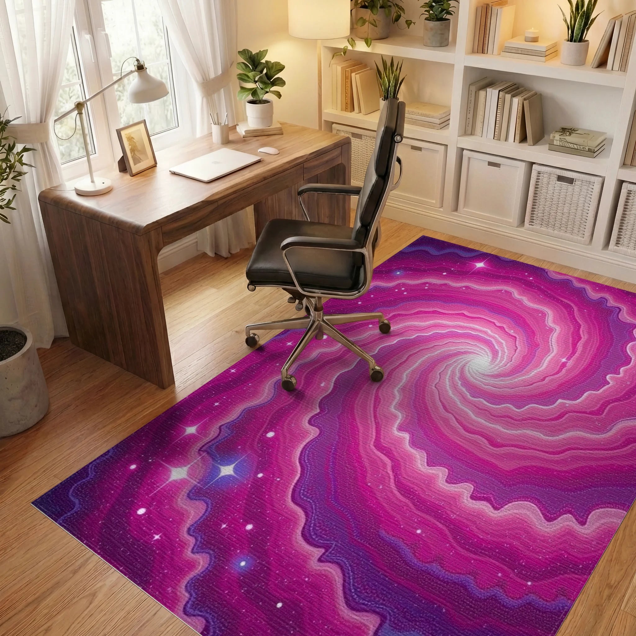 Cosmic Swirl Pink Nebula Rug Office View