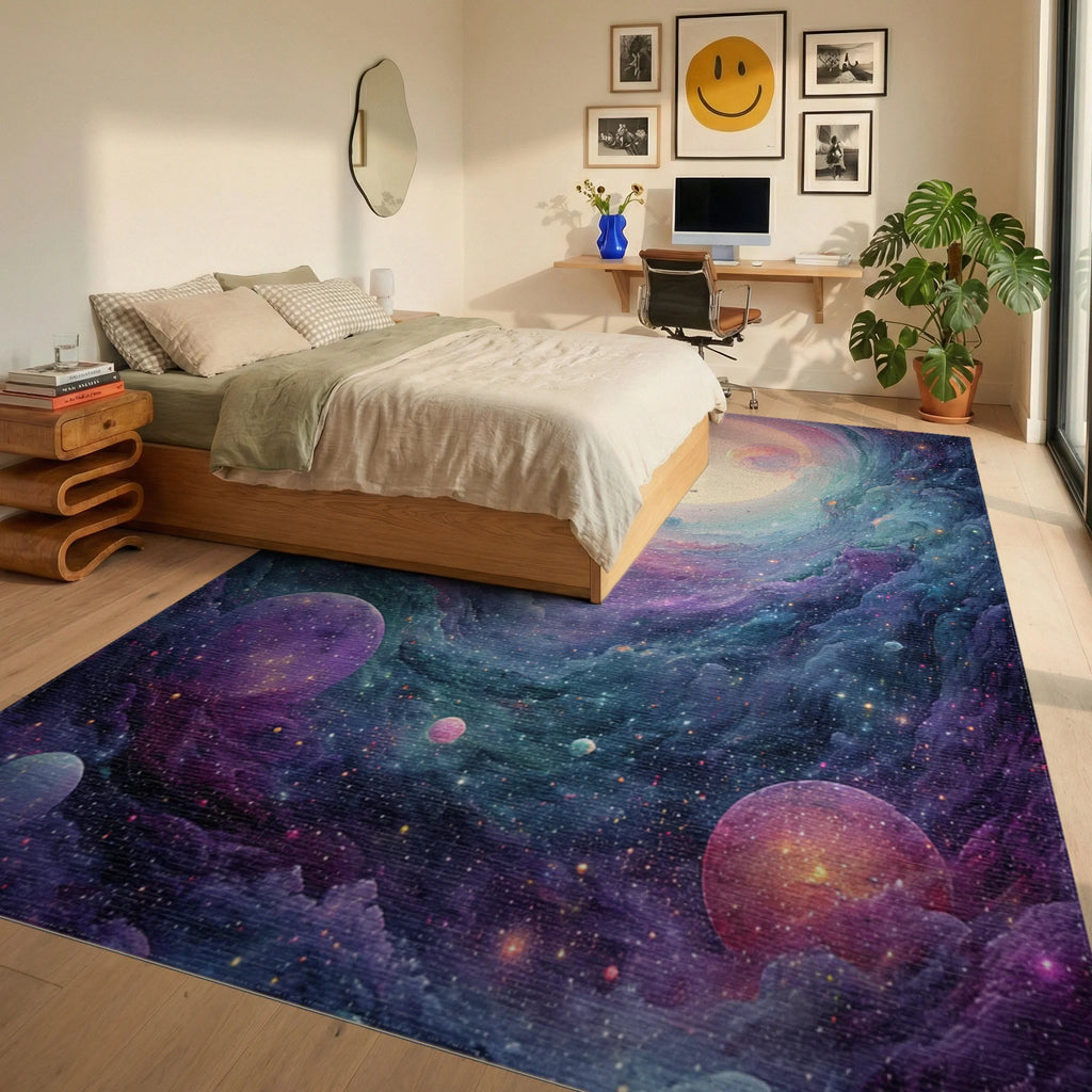 Cosmic Swirling Nebula Planets Rug Bedroom View