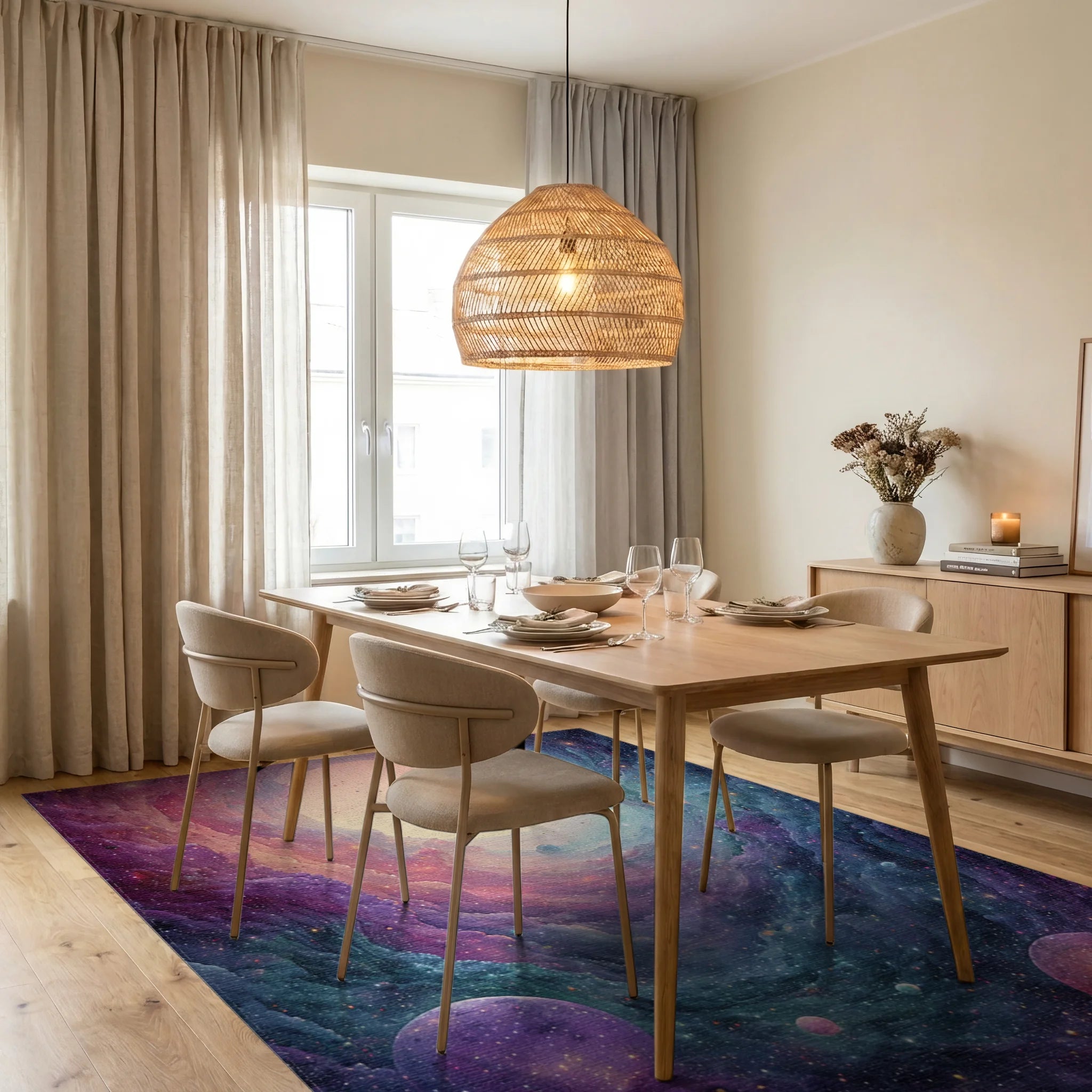 Cosmic Swirling Nebula Planets Rug Dining Room View