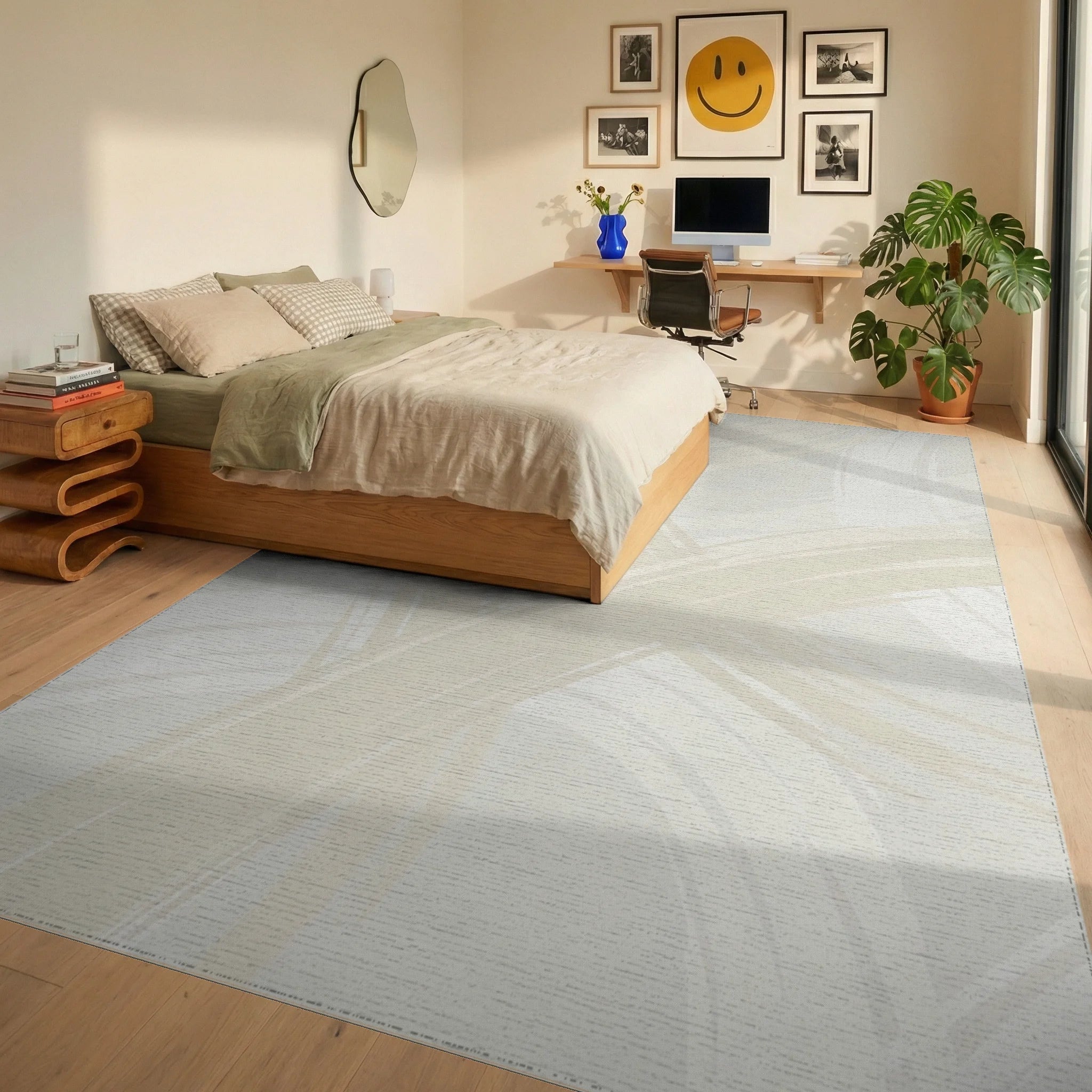 Cream Abstract Brush Stroke Rug Bedroom View