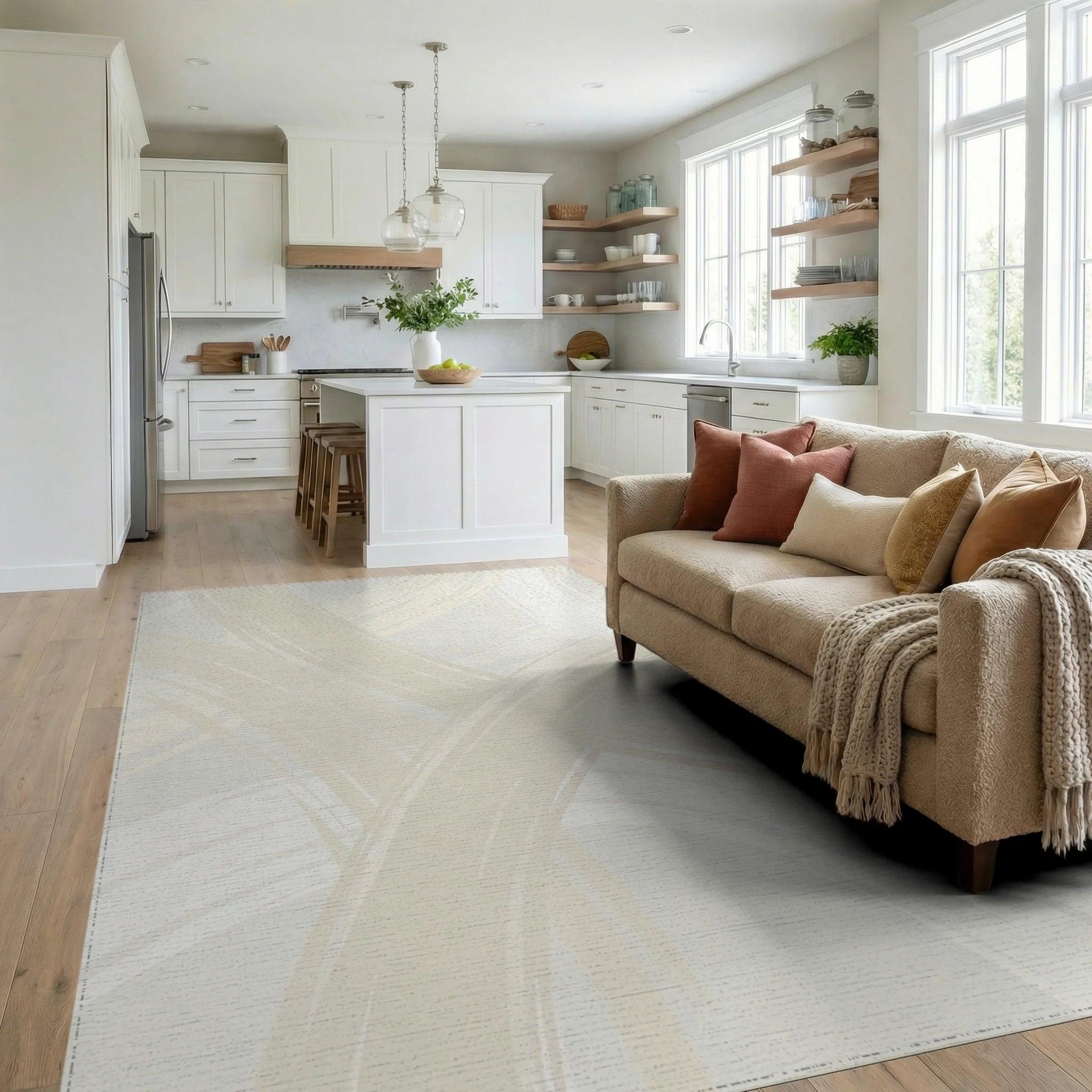 Cream Abstract Brush Stroke Rug Living Room View