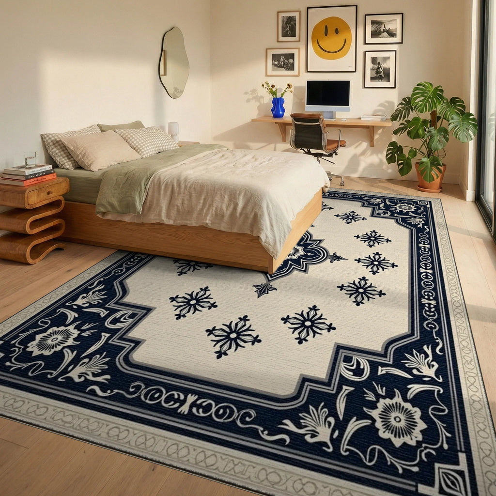 Cream and Navy Floral Medallion Rug Bedroom View