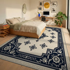 Cream and Navy Floral Medallion Rug Bedroom View