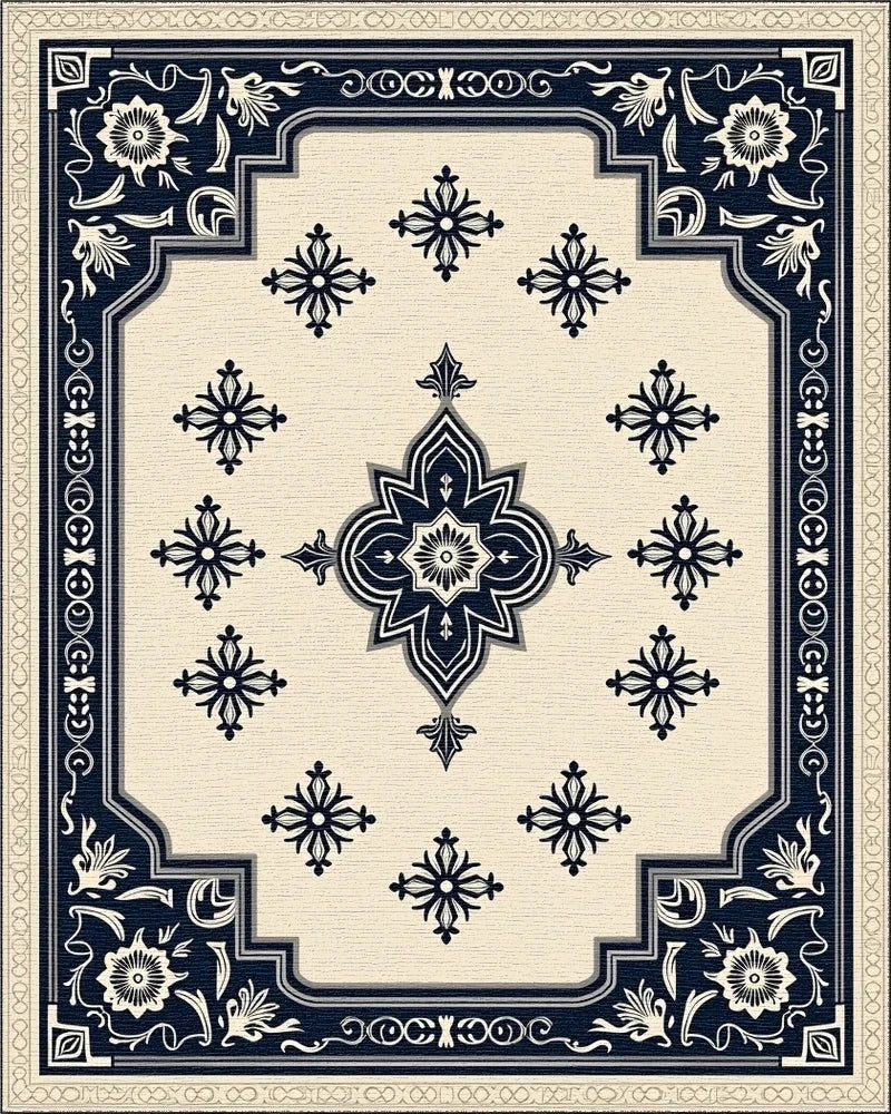 Cream and Navy Floral Medallion Rug - Cutout View