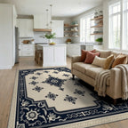 Cream and Navy Floral Medallion Rug Living Room View