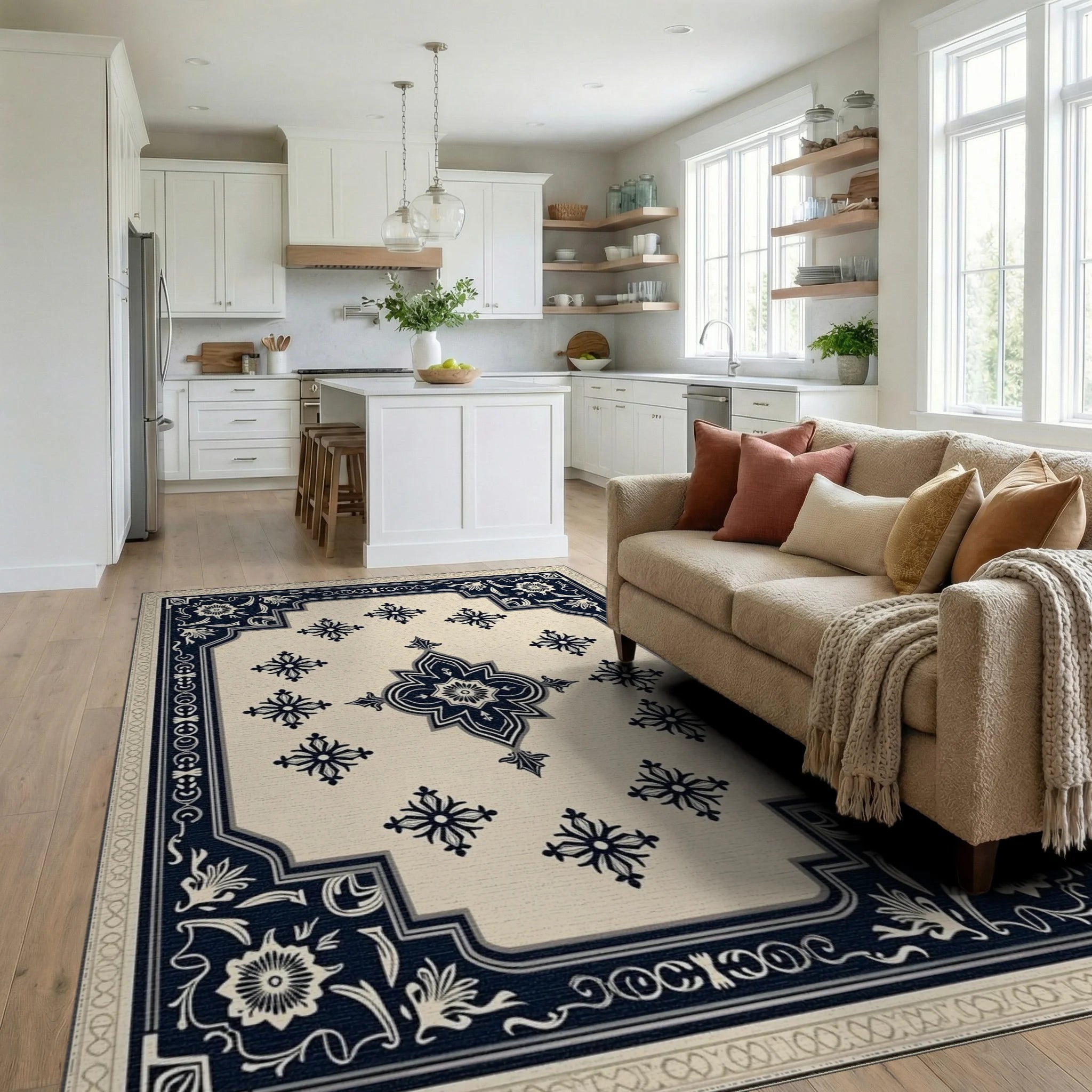Cream and Navy Floral Medallion Rug Living Room View