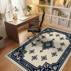 Cream and Navy Floral Medallion Rug Office View