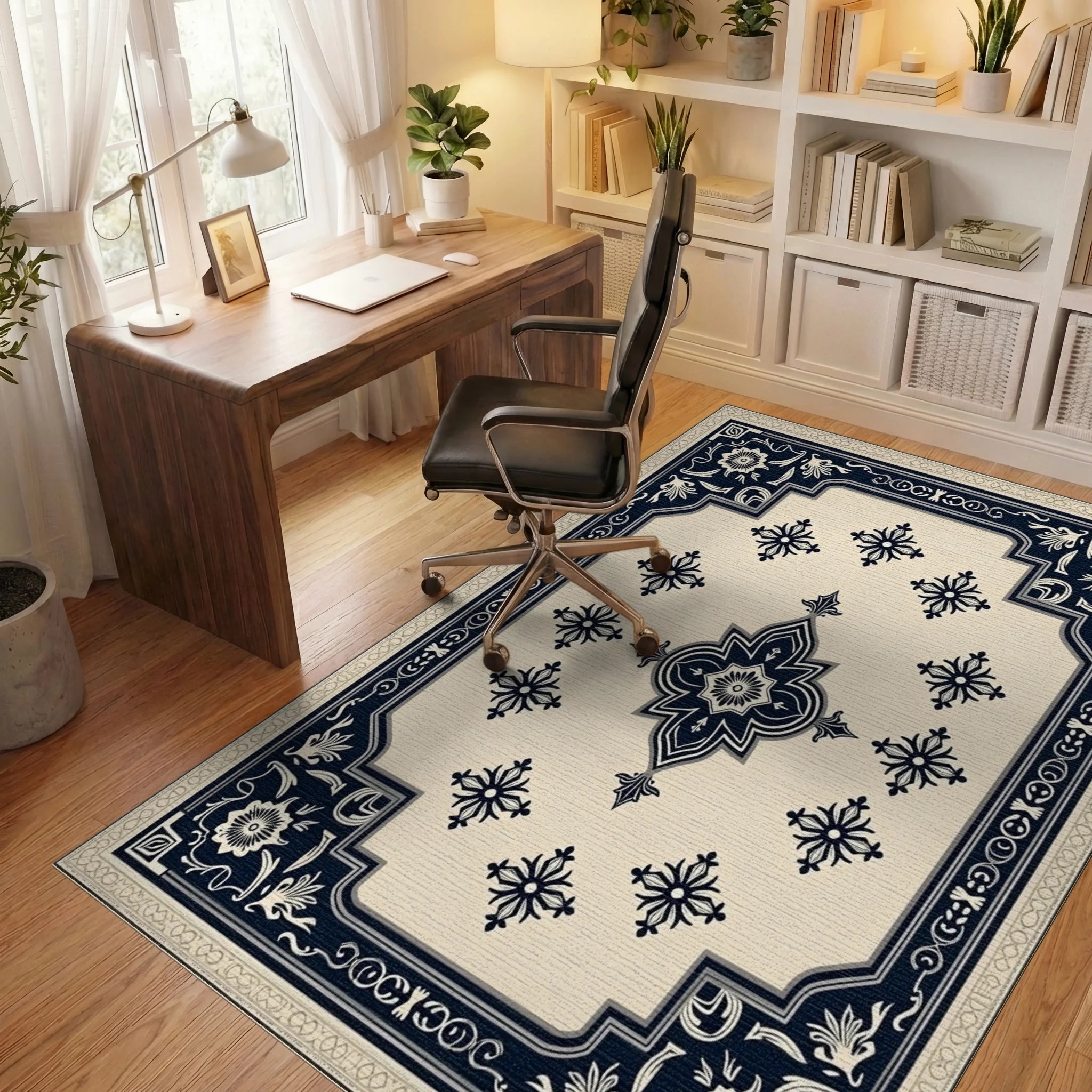 Cream and Navy Floral Medallion Rug Office View