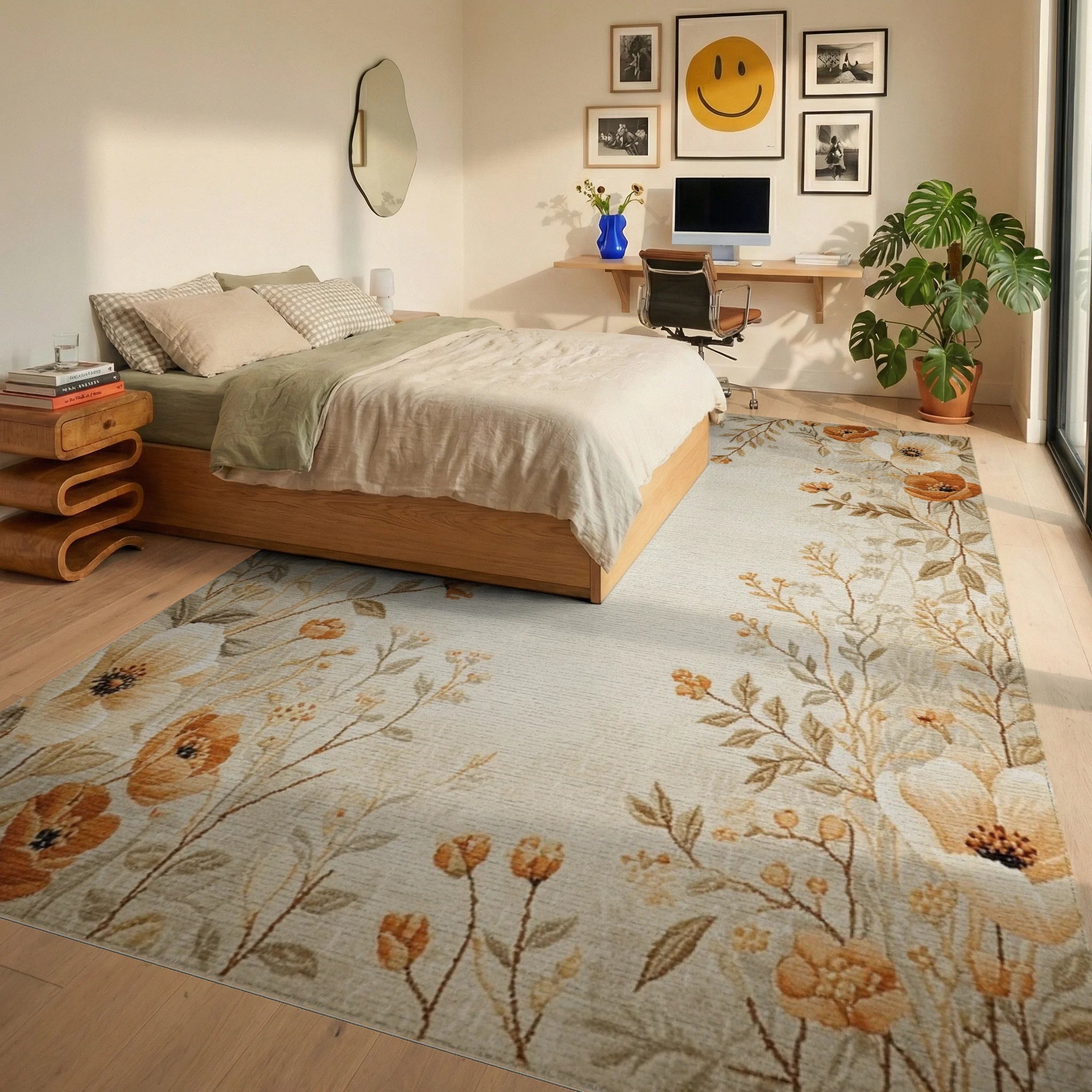 Cream and Orange Floral Vine Rug - Bedroom View