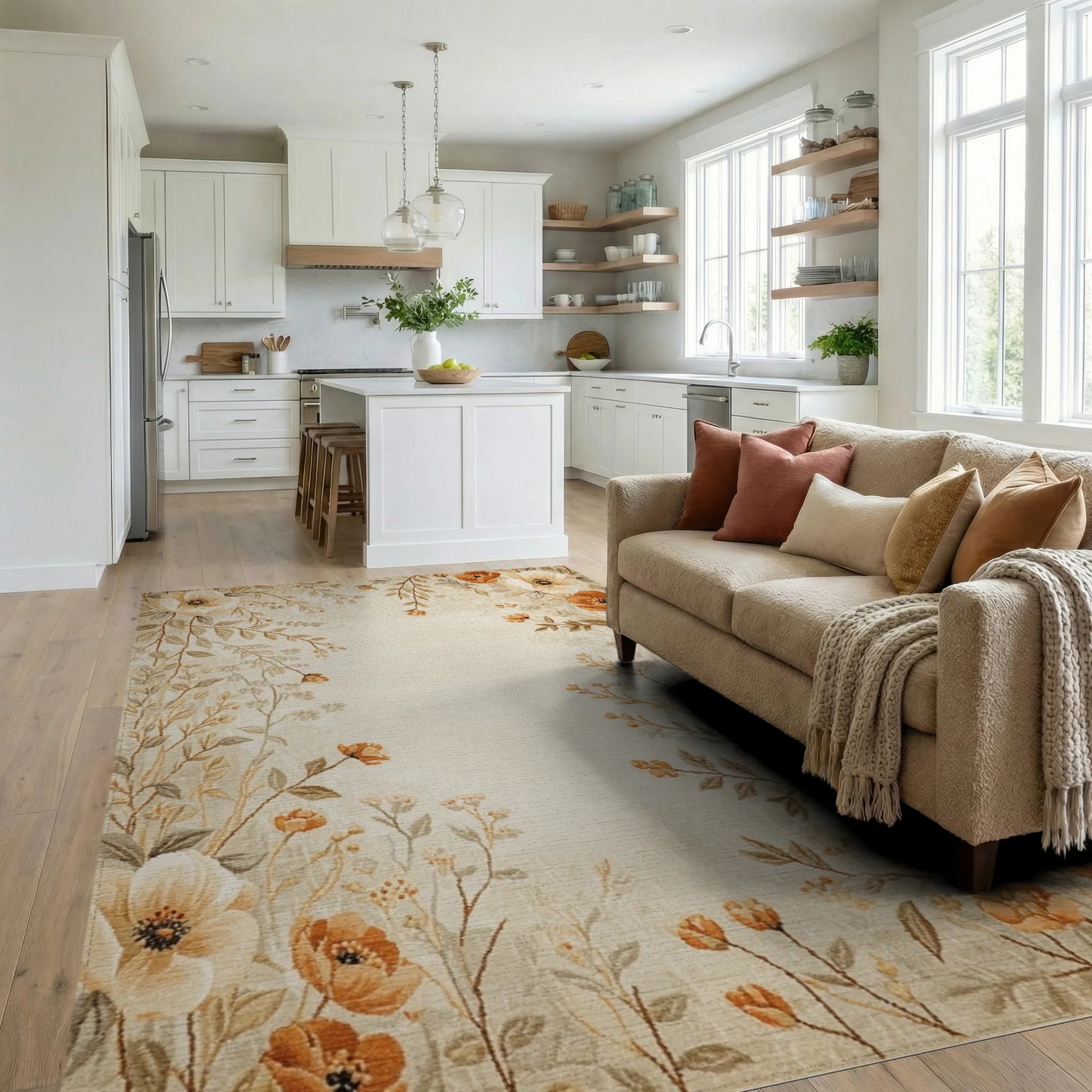 Cream and Orange Floral Vine Rug - Living Room View