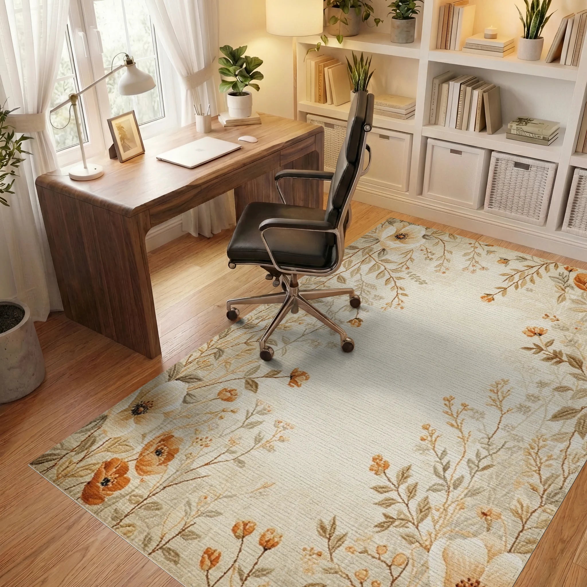 Cream and Orange Floral Vine Rug - Office View