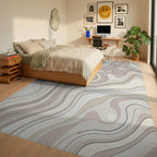 Cream and Taupe Swirling Abstract Lines Rug Bedroom View