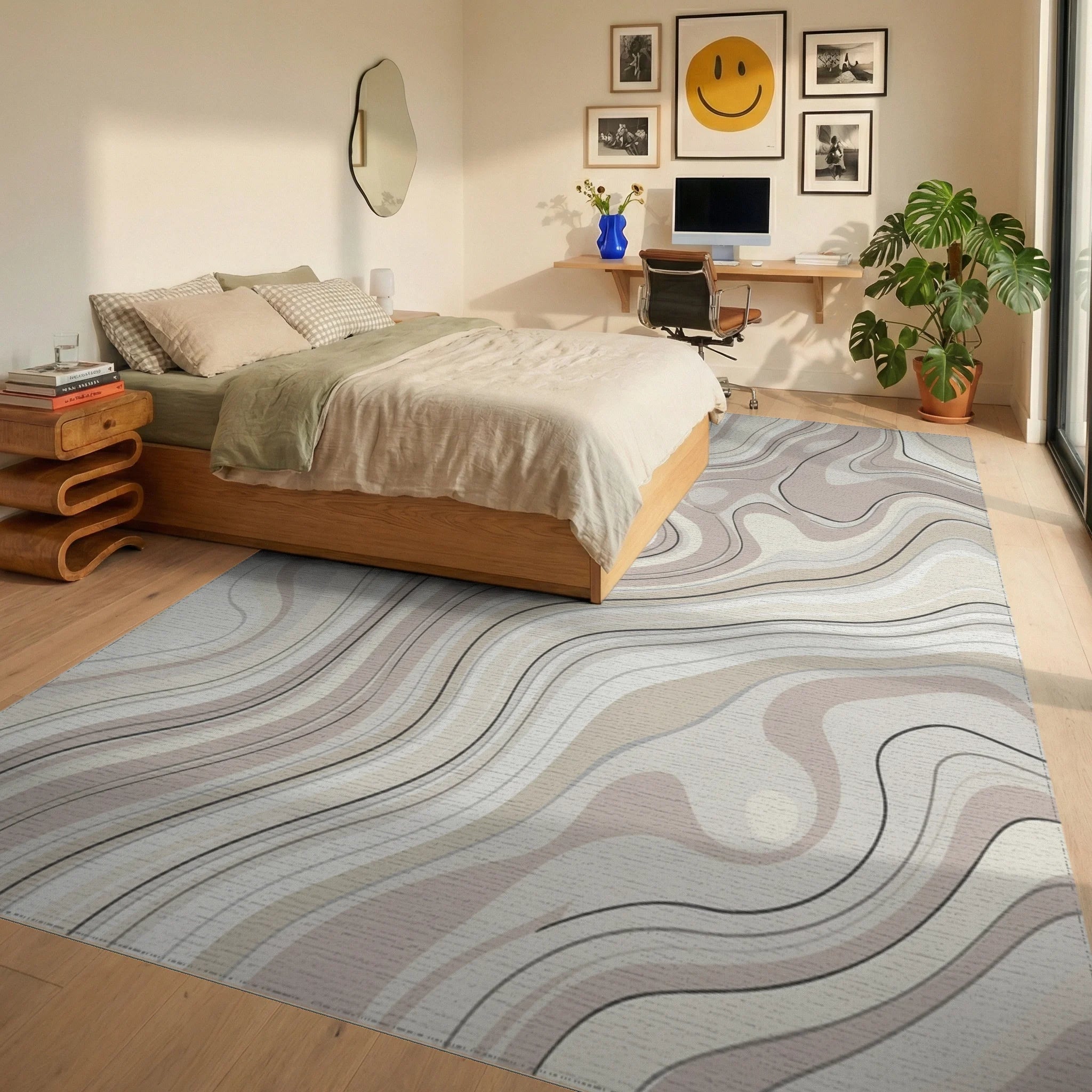 Cream and Taupe Swirling Abstract Lines Rug Bedroom View