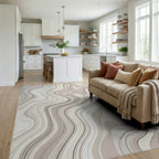 Cream and Taupe Swirling Abstract Lines Rug Living Room View
