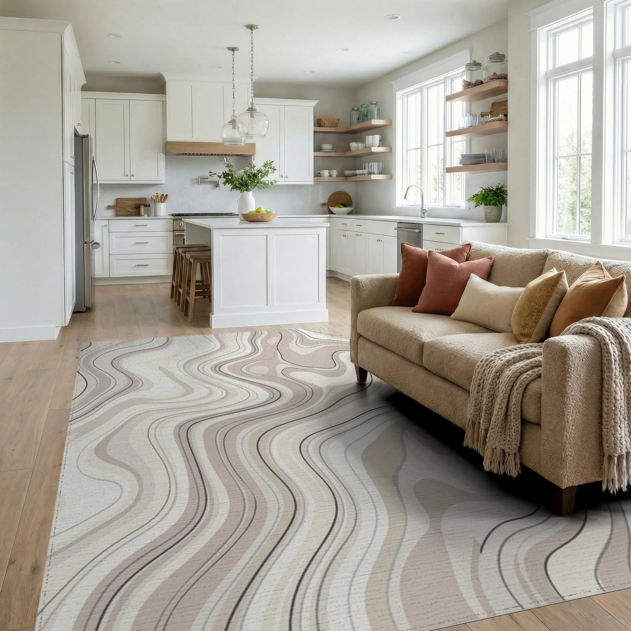 Cream and Taupe Swirling Abstract Lines Rug Living Room View
