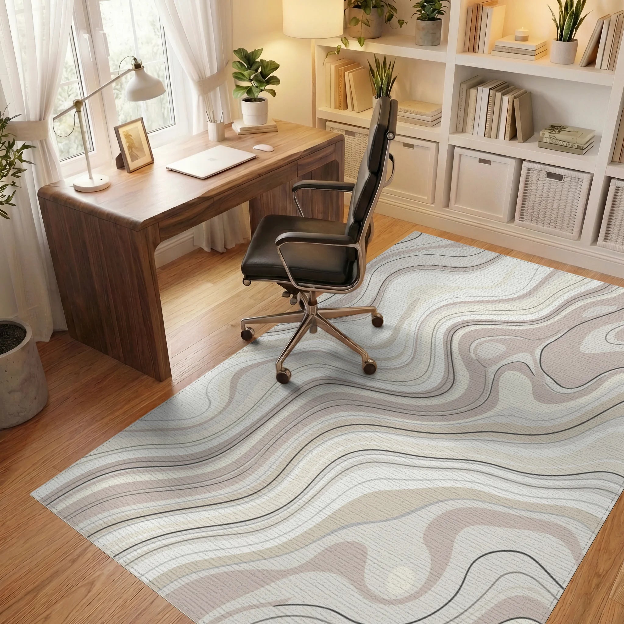 Cream and Taupe Swirling Abstract Lines Rug Office View