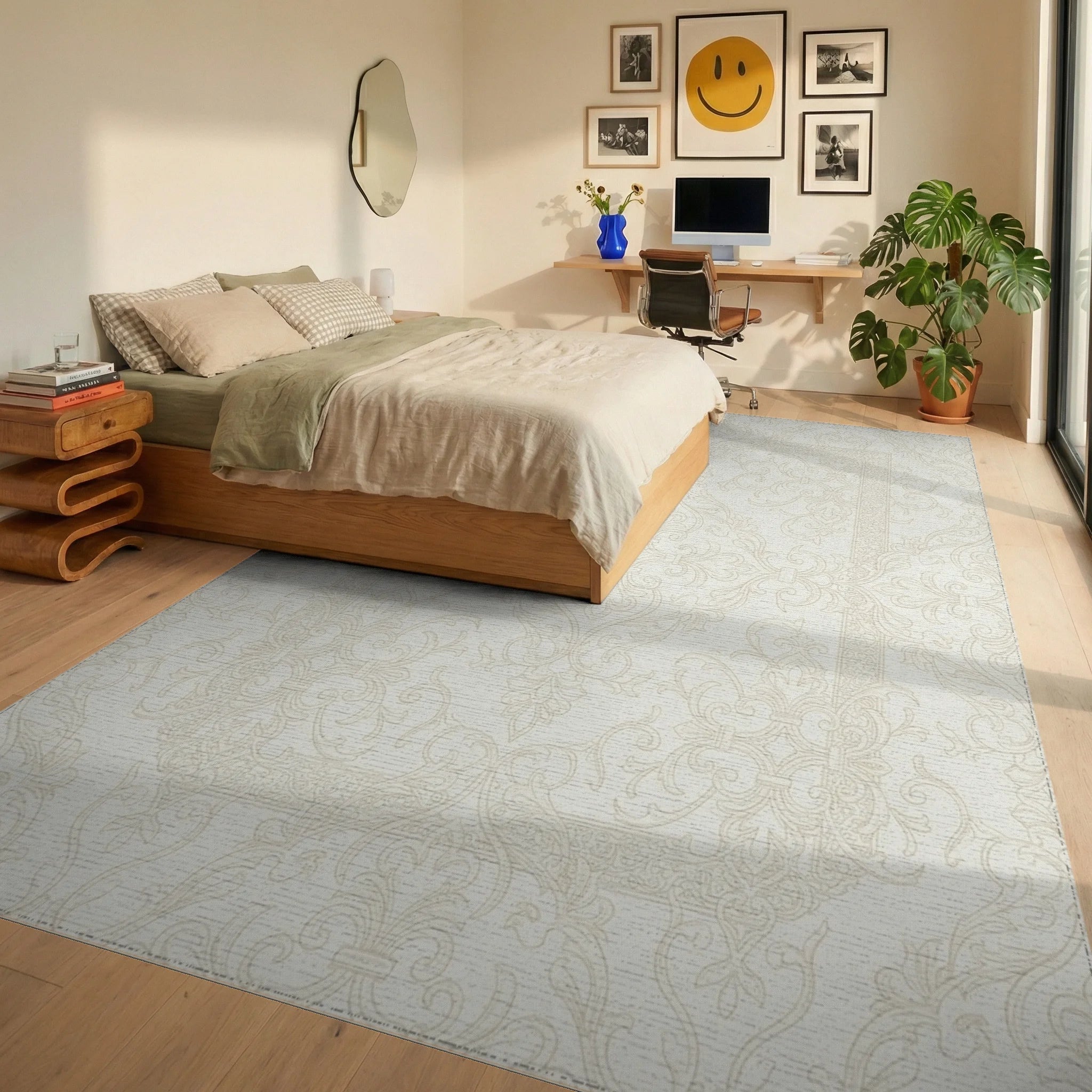 Cream Antique Scrollwork Medina Rug Bedroom View